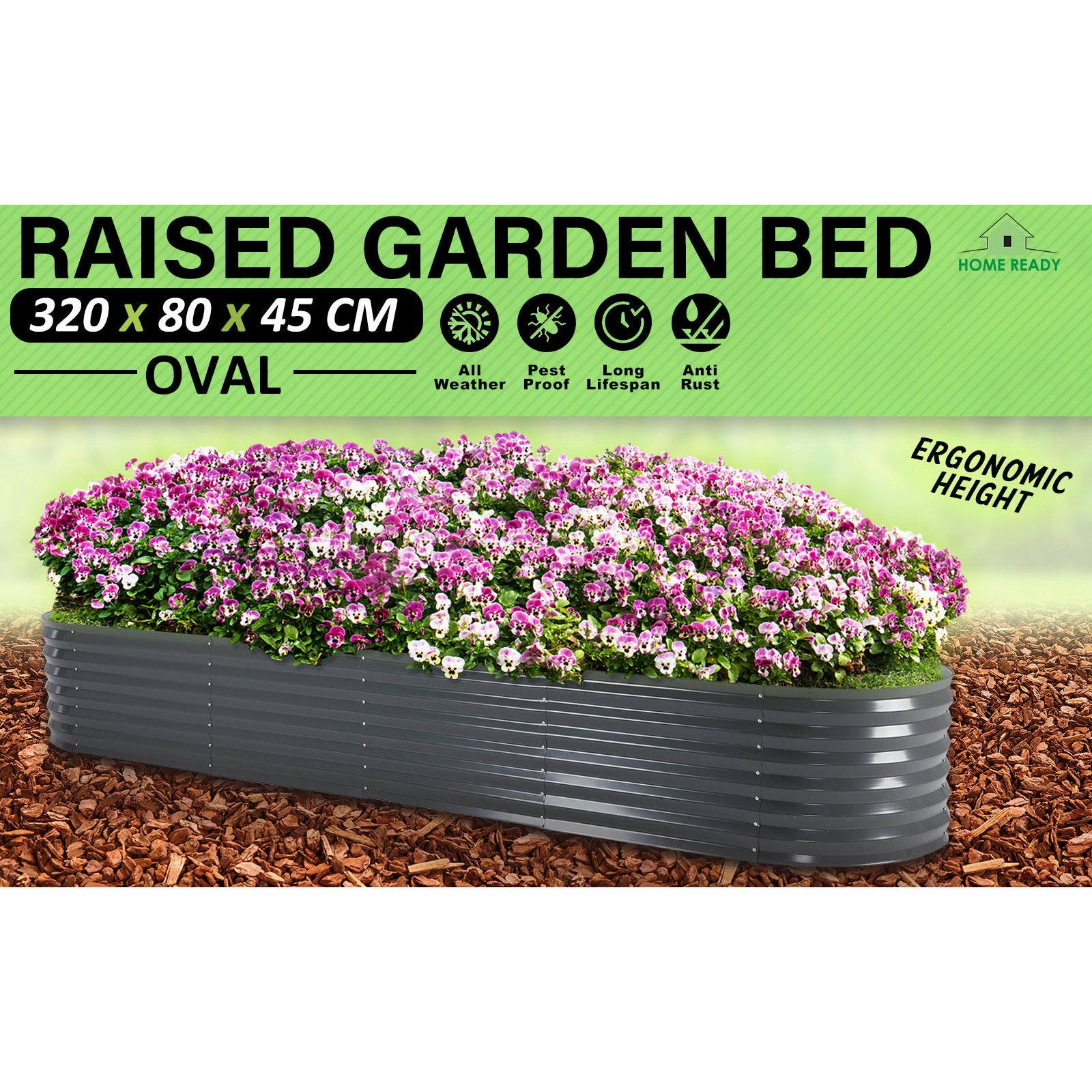 Home Ready 320 x 80 x 45cm Grey Raised Garden Bed Galvanised Steel Planter