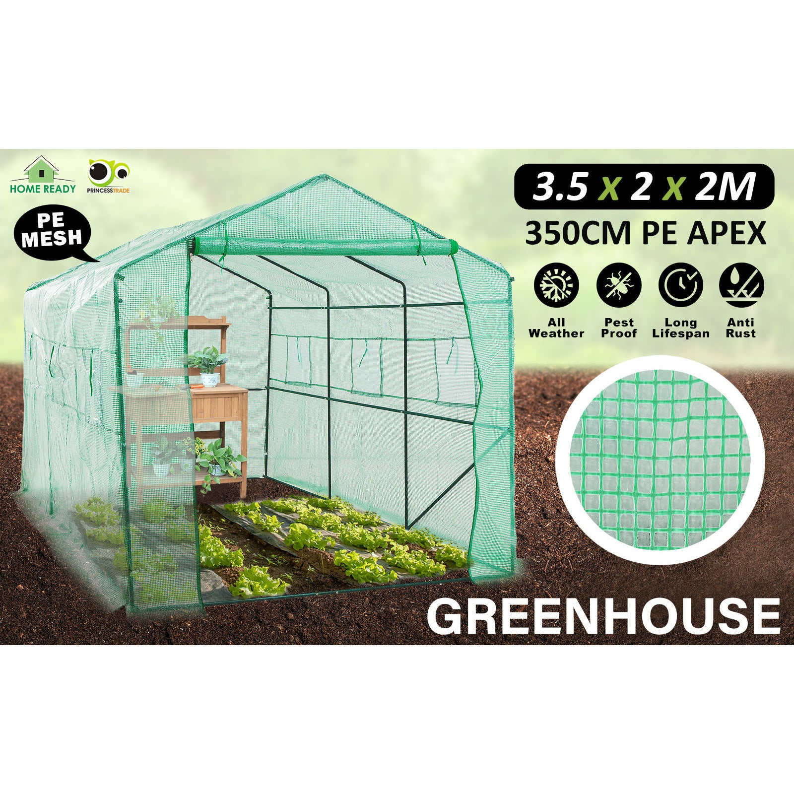 Home Ready Apex 3.5x2x2M Garden Greenhouse Walk-In Shed PE