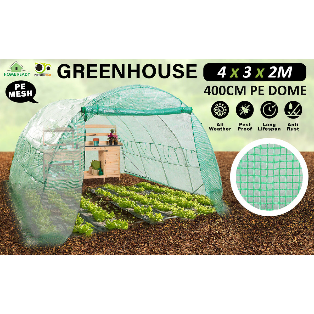 Home Ready Dome Hoop Tunnel Polytunnel 4x3x2M Garden Greenhouse Walk-In Shed PE