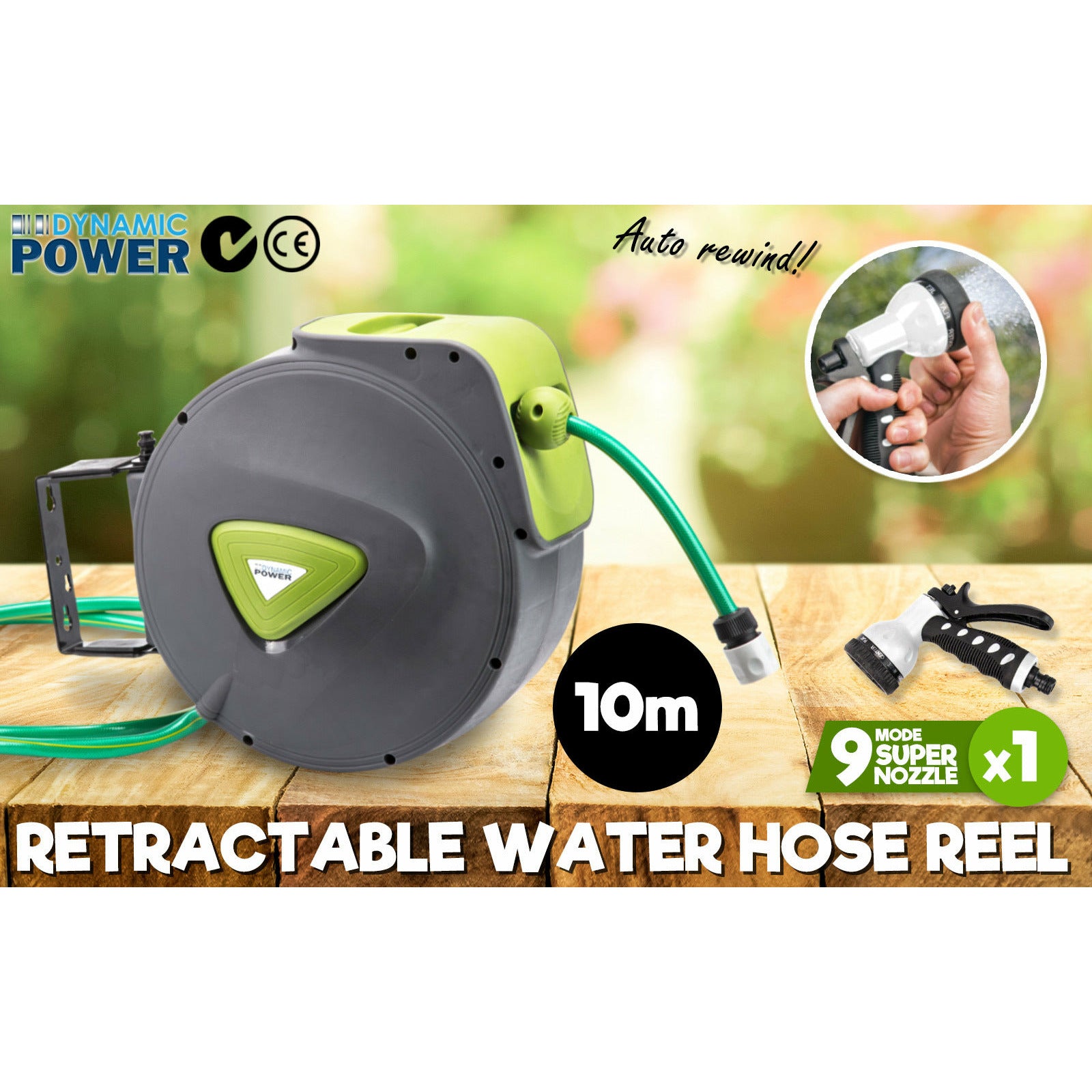 Dynamic Power Garden Water Hose 10M Retractable Rewind Reel Wall Mounted