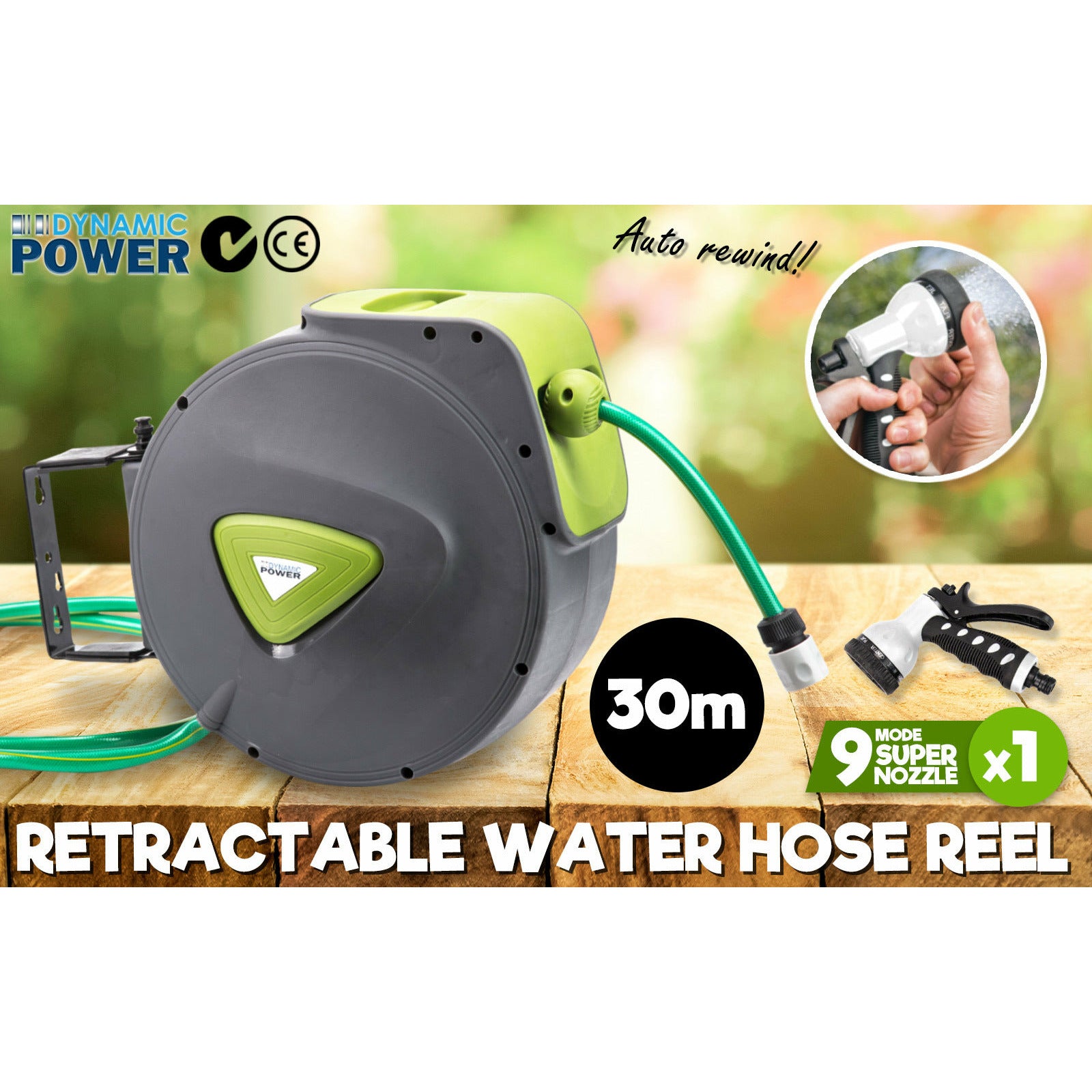 Dynamic Power Garden Water Hose 30M Retractable Rewind Reel Wall Mounted