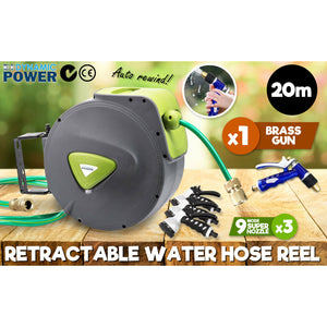 Dynamic Power Garden Water Hose 20M Retractable Rewind Reel + Brass Gun