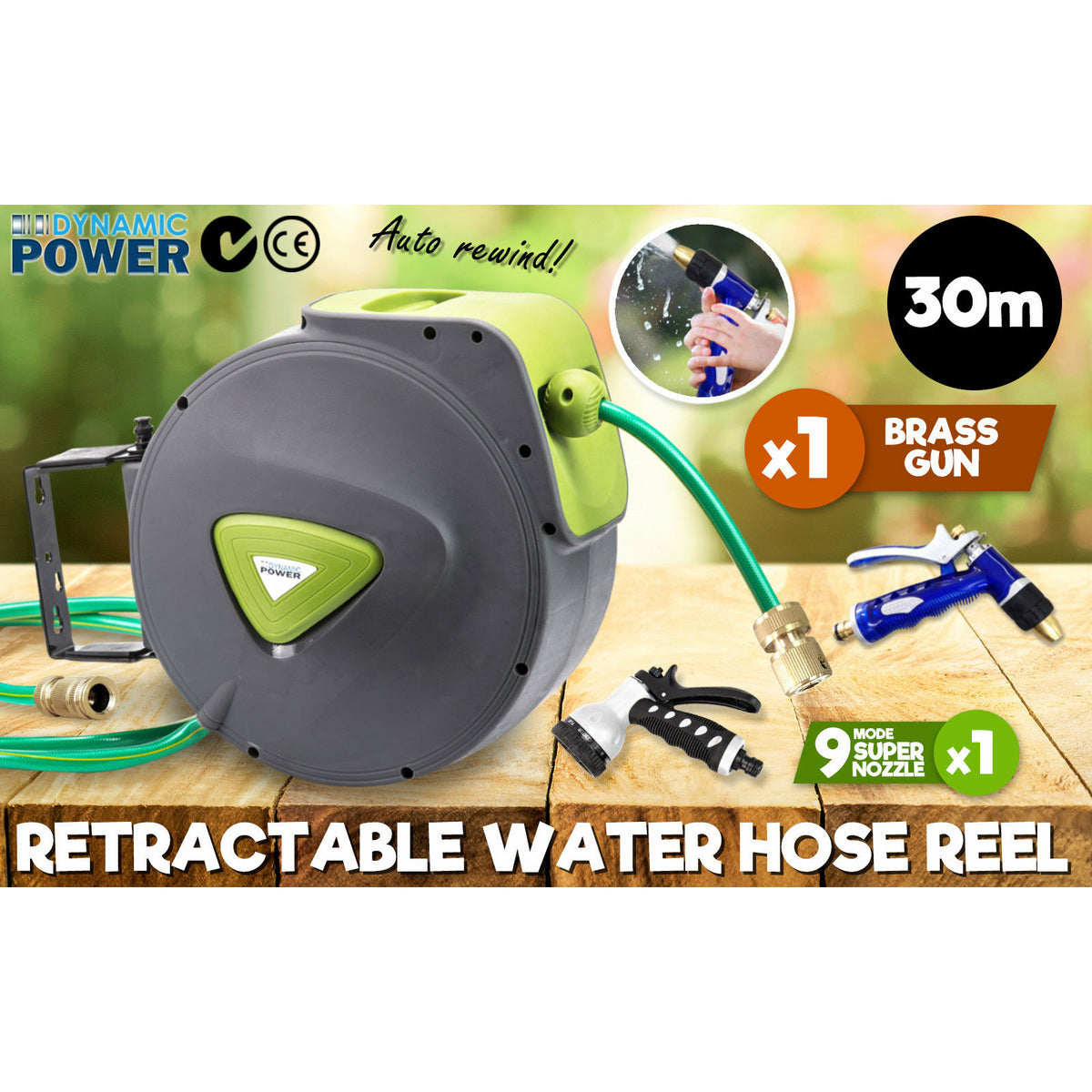 Dynamic Power Garden Water Hose 30M Retractable Rewind Reel + Brass Gun