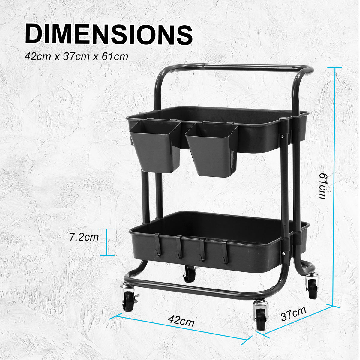 Kandoka 2 Tier Black Trolley Cart Storage Utility Rack Organiser Swivel Kitchen