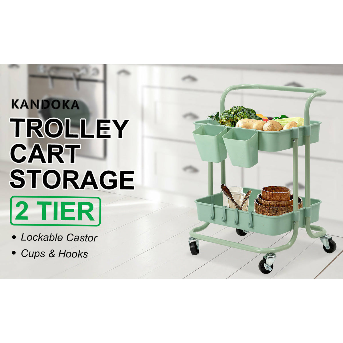 Kandoka 2 Tier Green Trolley Cart Storage Utility Rack Organiser Swivel Kitchen