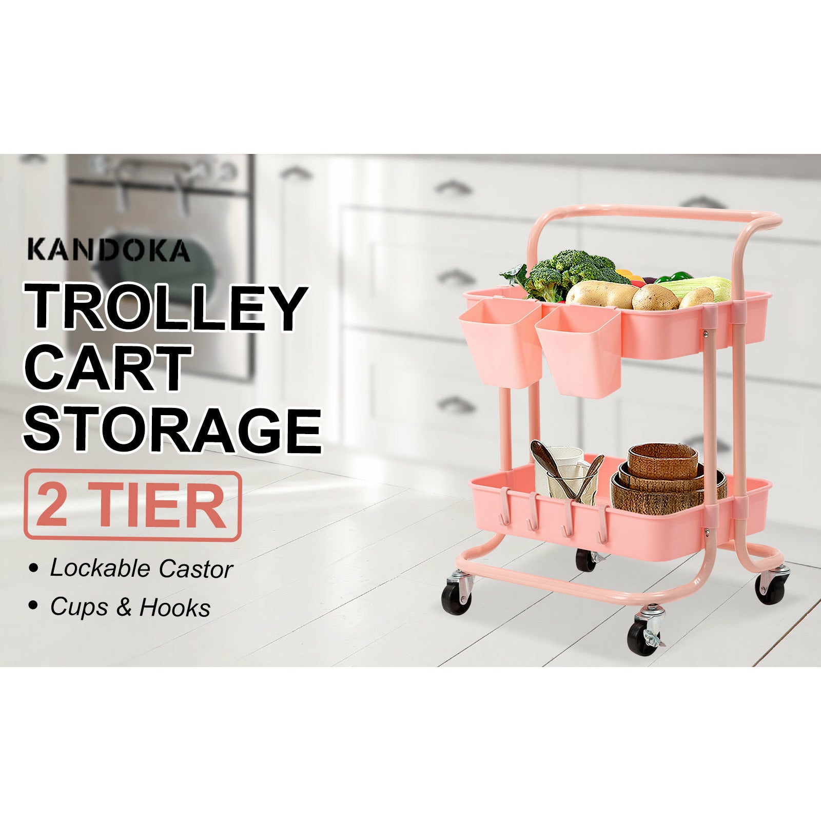 Kandoka 2 Tier Pink Trolley Cart Storage Utility Rack Organiser Swivel Kitchen