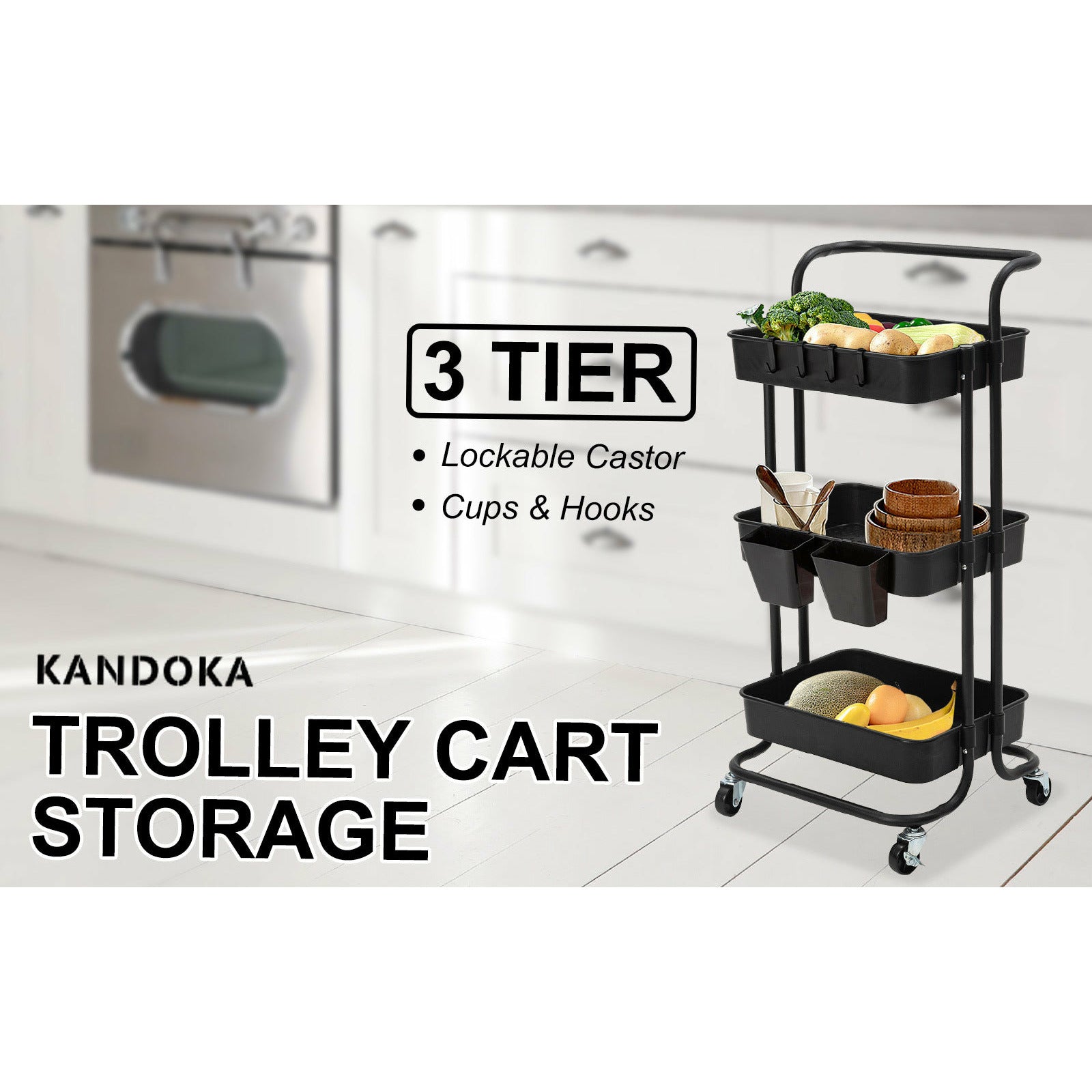 Kandoka 3 Tier Black Trolley Cart Storage Utility Rack Organiser Swivel Kitchen