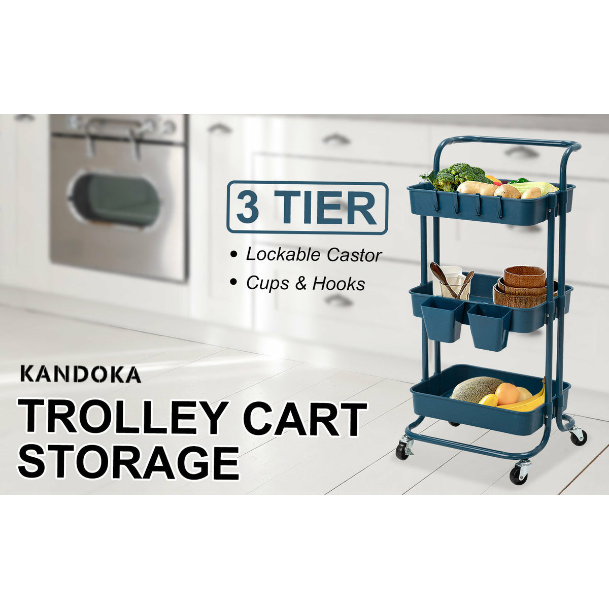 Kandoka 3 Tier Blue Trolley Cart Storage Utility Rack Organiser Swivel Kitchen