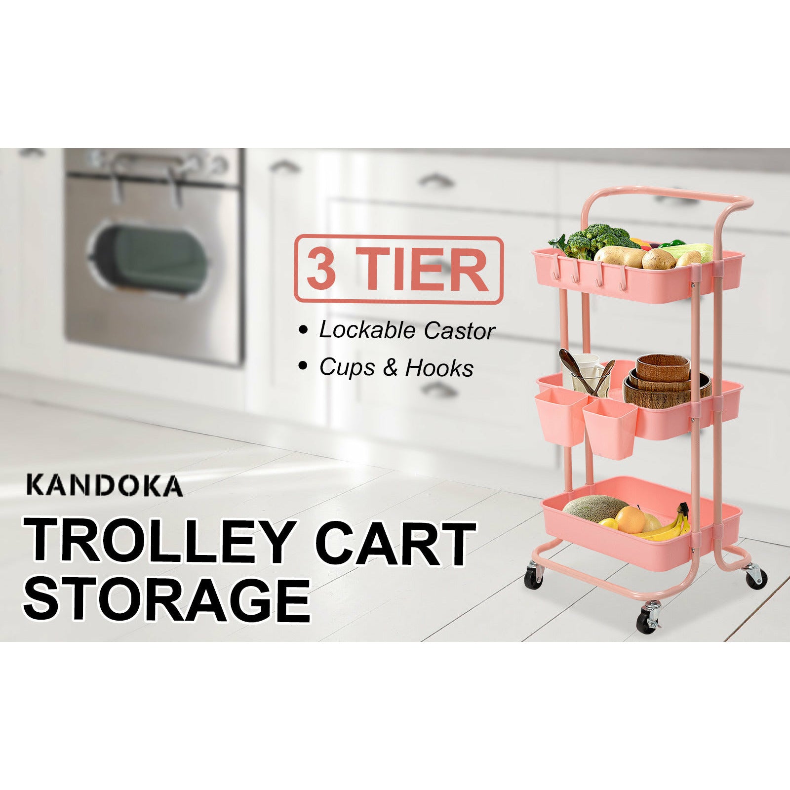 Kandoka 3 Tier Pink Trolley Cart Storage Utility Rack Organiser Swivel Kitchen
