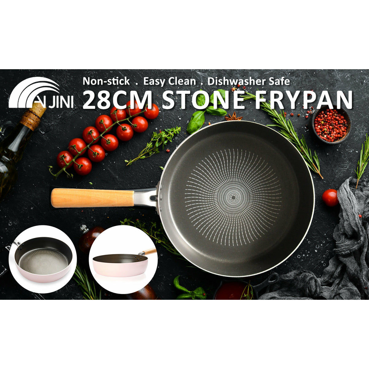 Fanjini Round 28cm Pink Stone Frypan Frying Pan Non-Stick Induction Ceramic Wood