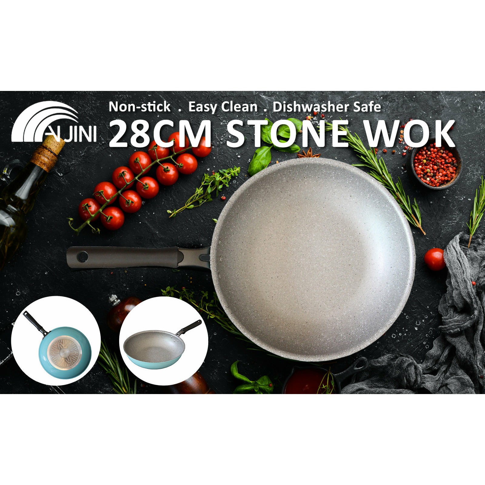 Fanjini Round 28cm Pure Sky Blue Stone Wok Wokpan Non-Stick Induction Ceramic