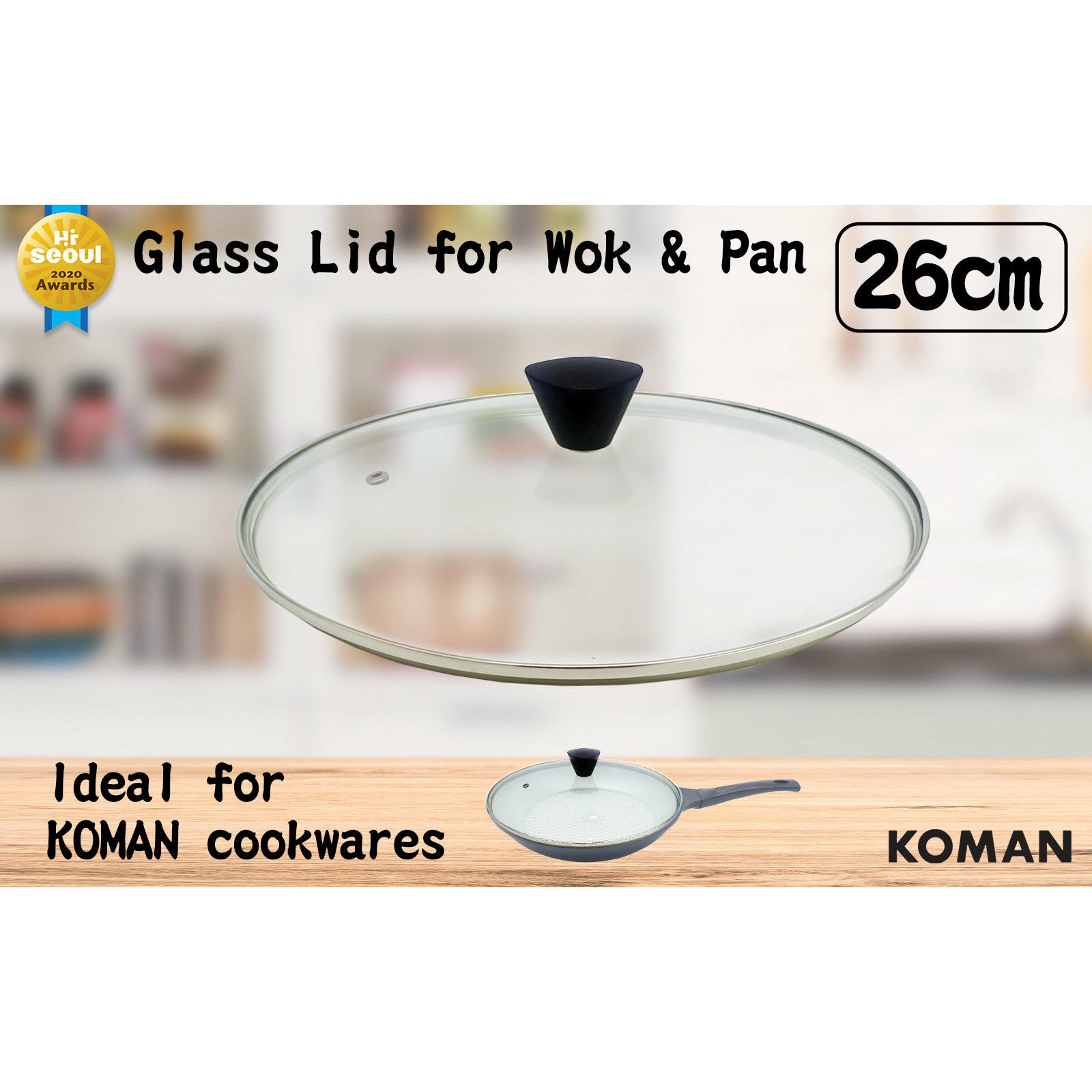 KOMAN 26cm Stainless Steel Glass Lid with Bakelite Handle