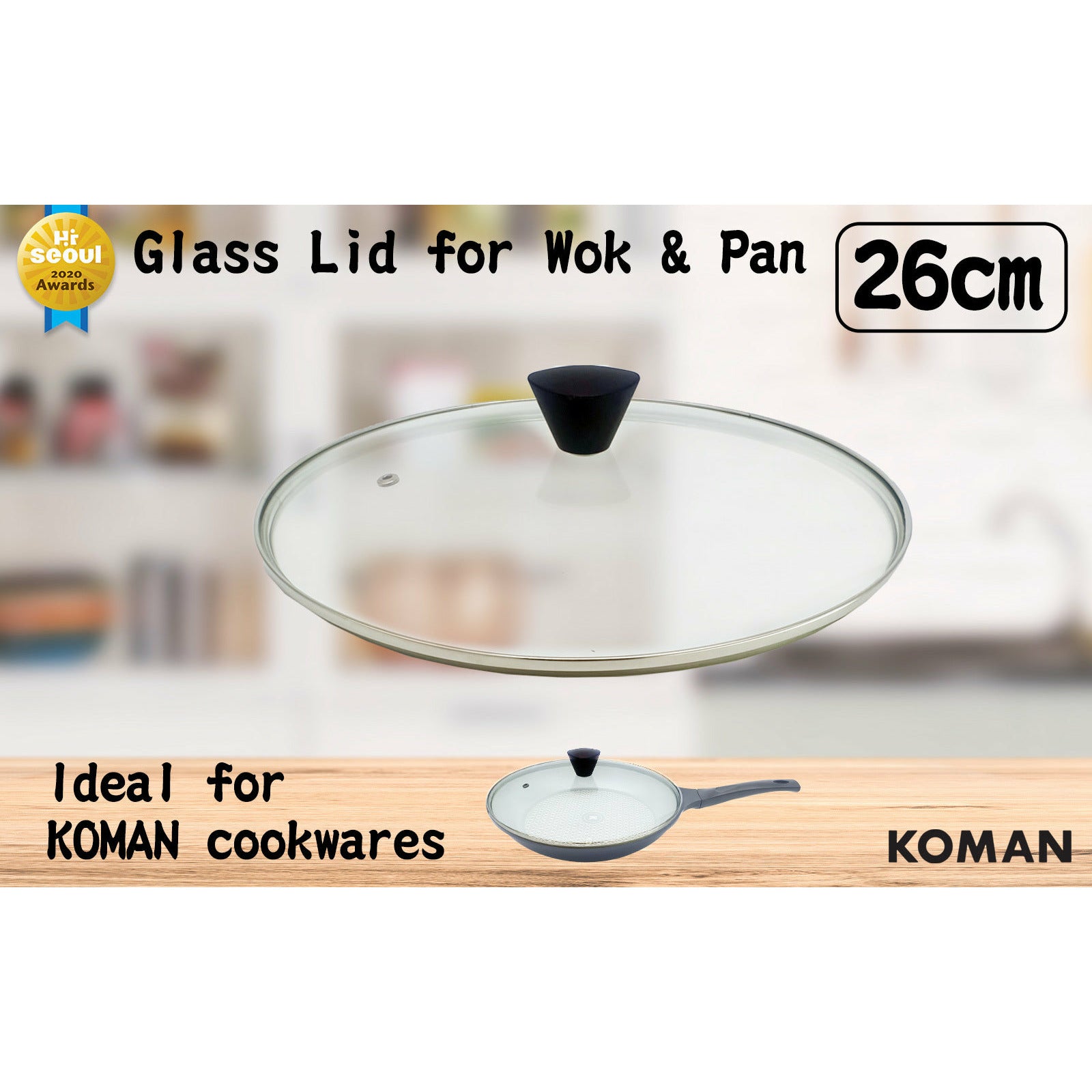 KOMAN 28cm Stainless Steel Glass Lid with Bakelite Handle