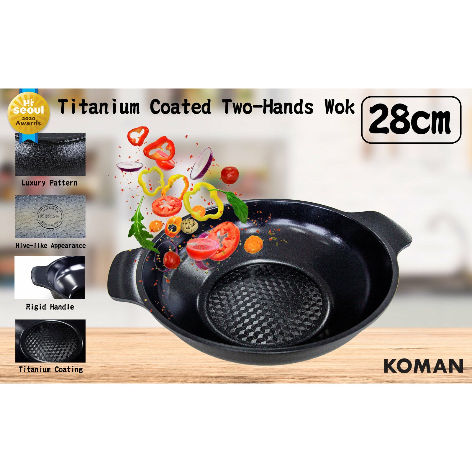 KOMAN 28cm Black Shinewon Two Hands Wok Ceramic Non-stick Titanium Coat
