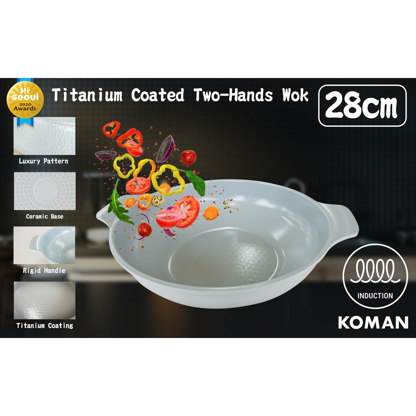 KOMAN 28cm Grey Shinewon Vinch IH Two Hands Wok Non-stick Induction Titanium Ceramic