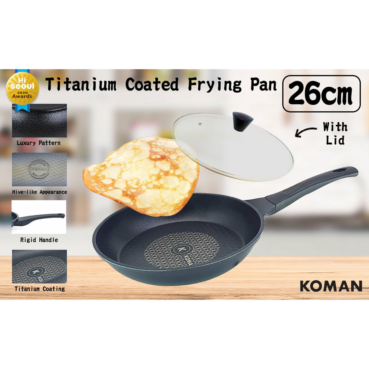 KOMAN 26cm Titanium Coating Frying Pan Non-Stick + Glass Lid