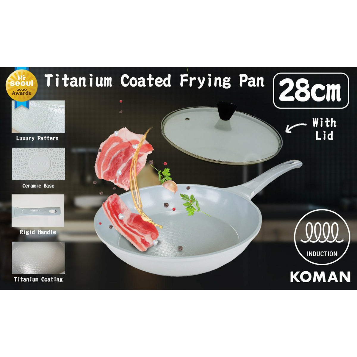 KOMAN 28cm Grey Shinewon Vinch IH Frypan Frying Pan Non-stick Induction Ceramic + Glass Lid