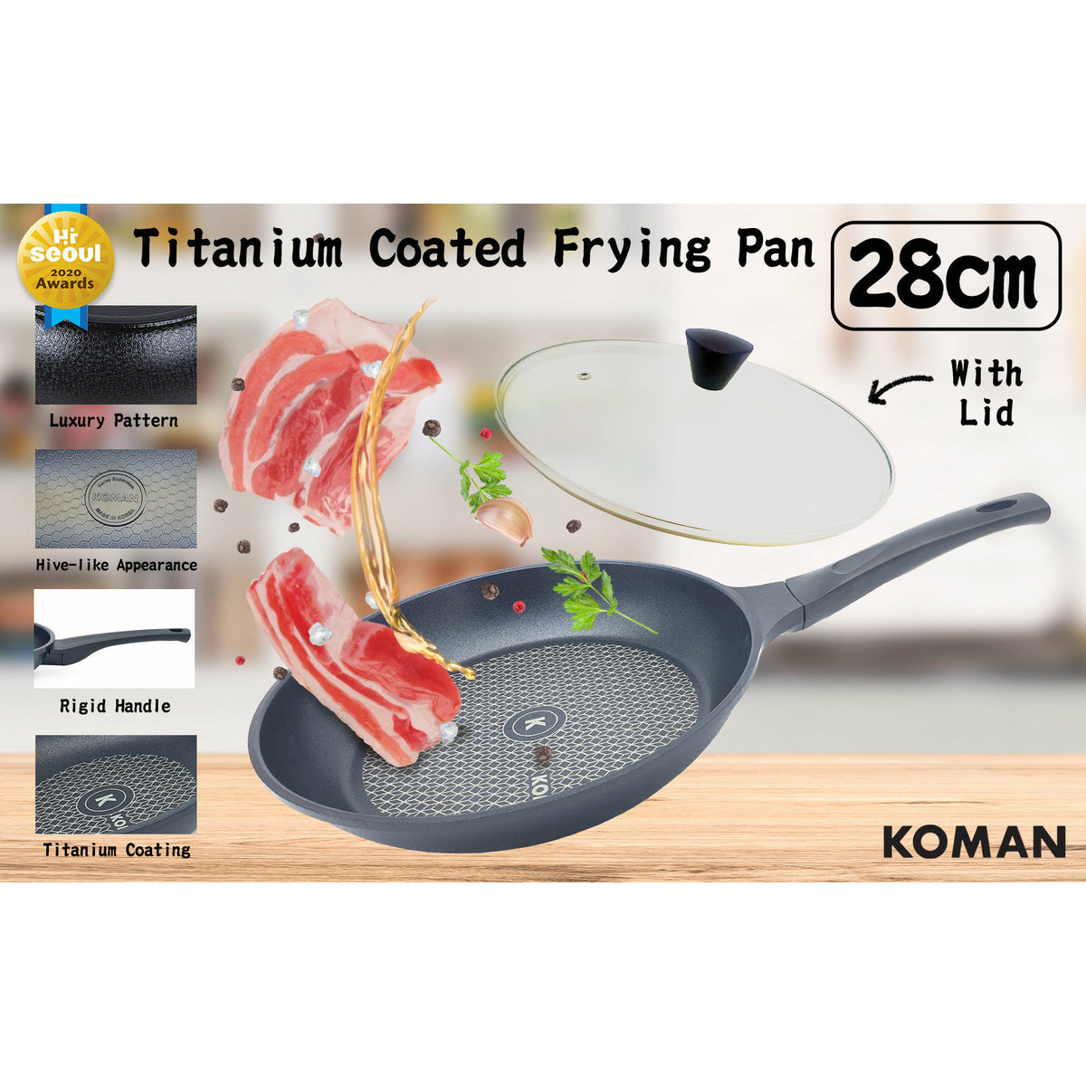 KOMAN Non-Stick Titanium Coating Frying Pan 28cm + Glass Lid