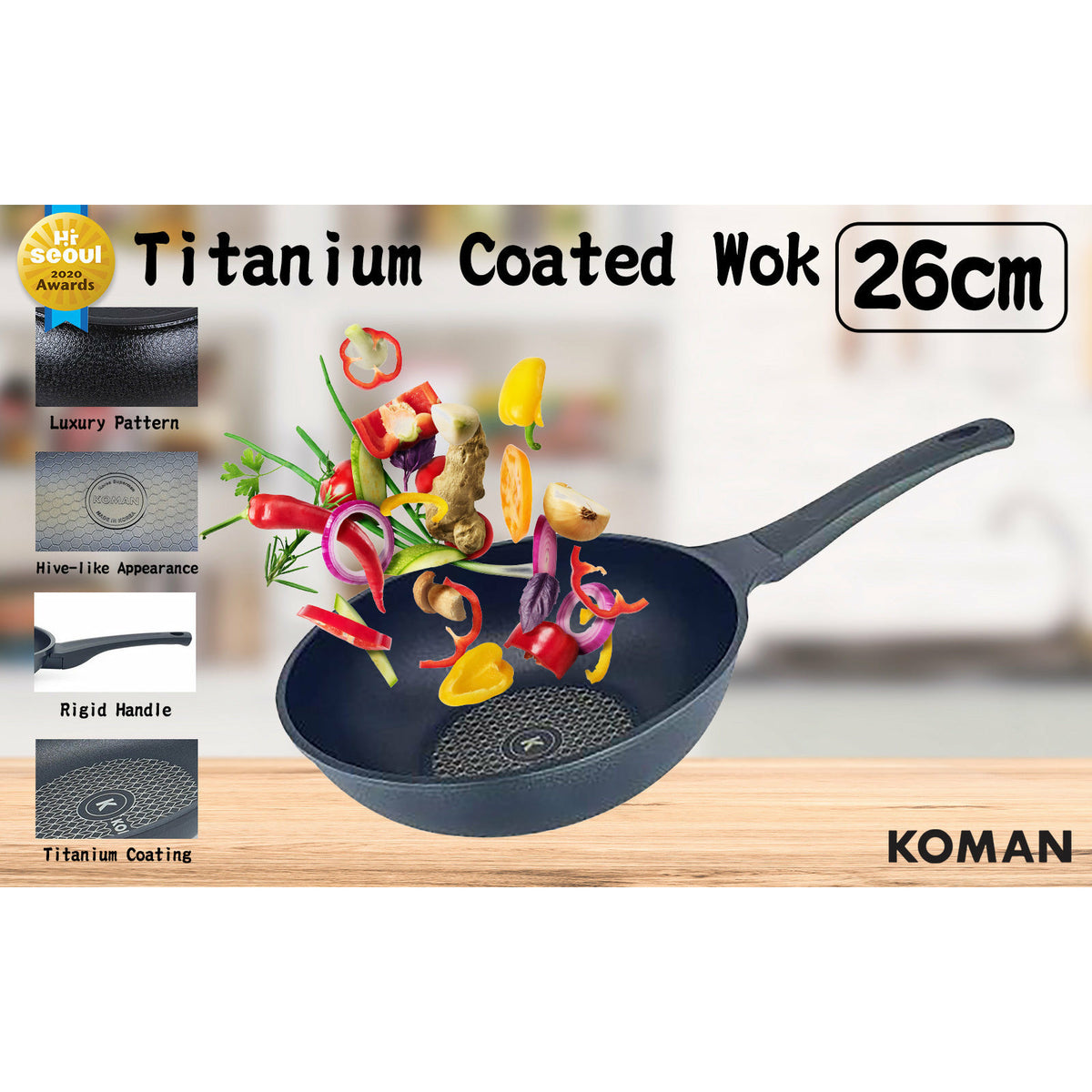 KOMAN 26cm Titanium Coating Wok Pan Non-Stick