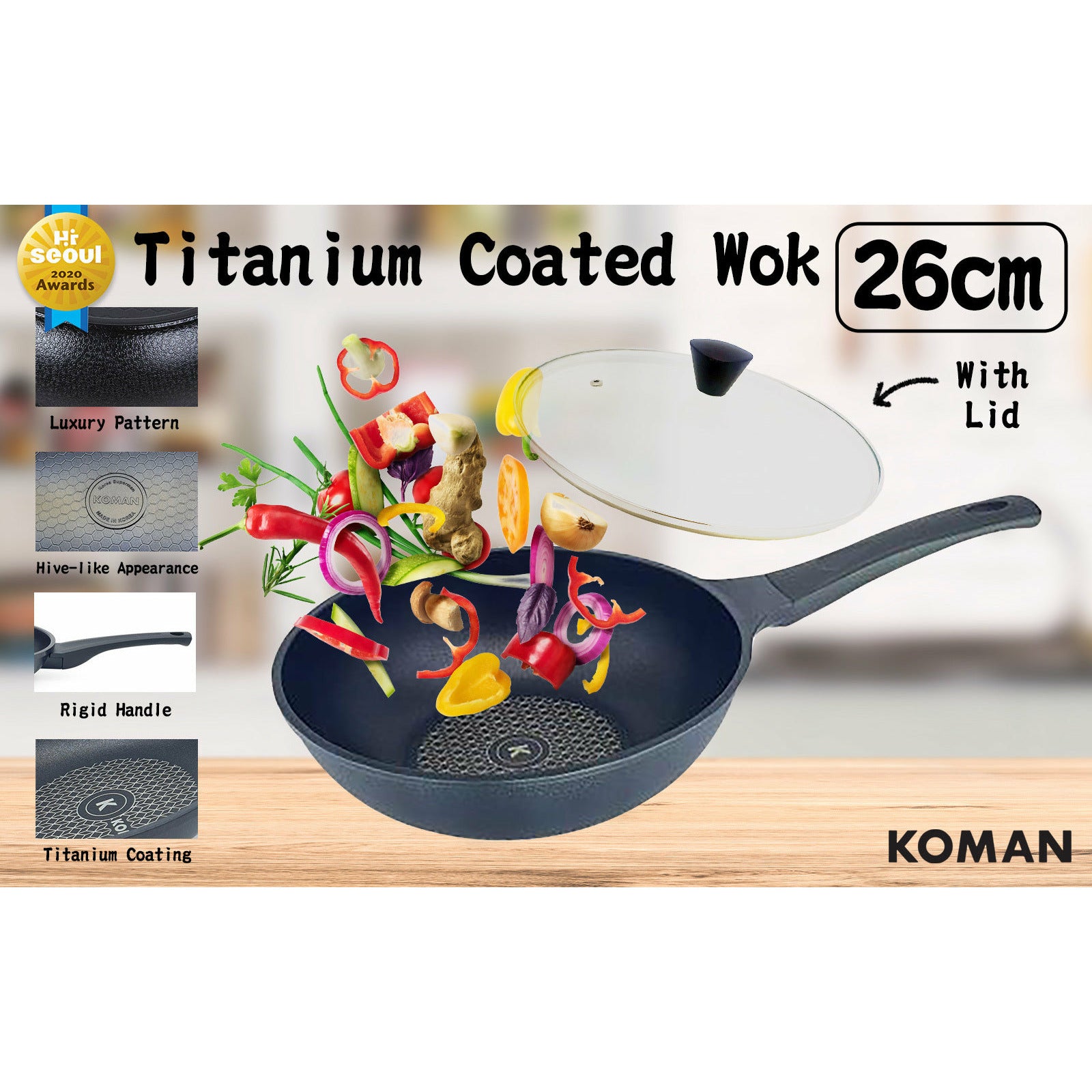 KOMAN 26cm Titanium Coating Wok Pan Non-Stick + Glass Lid