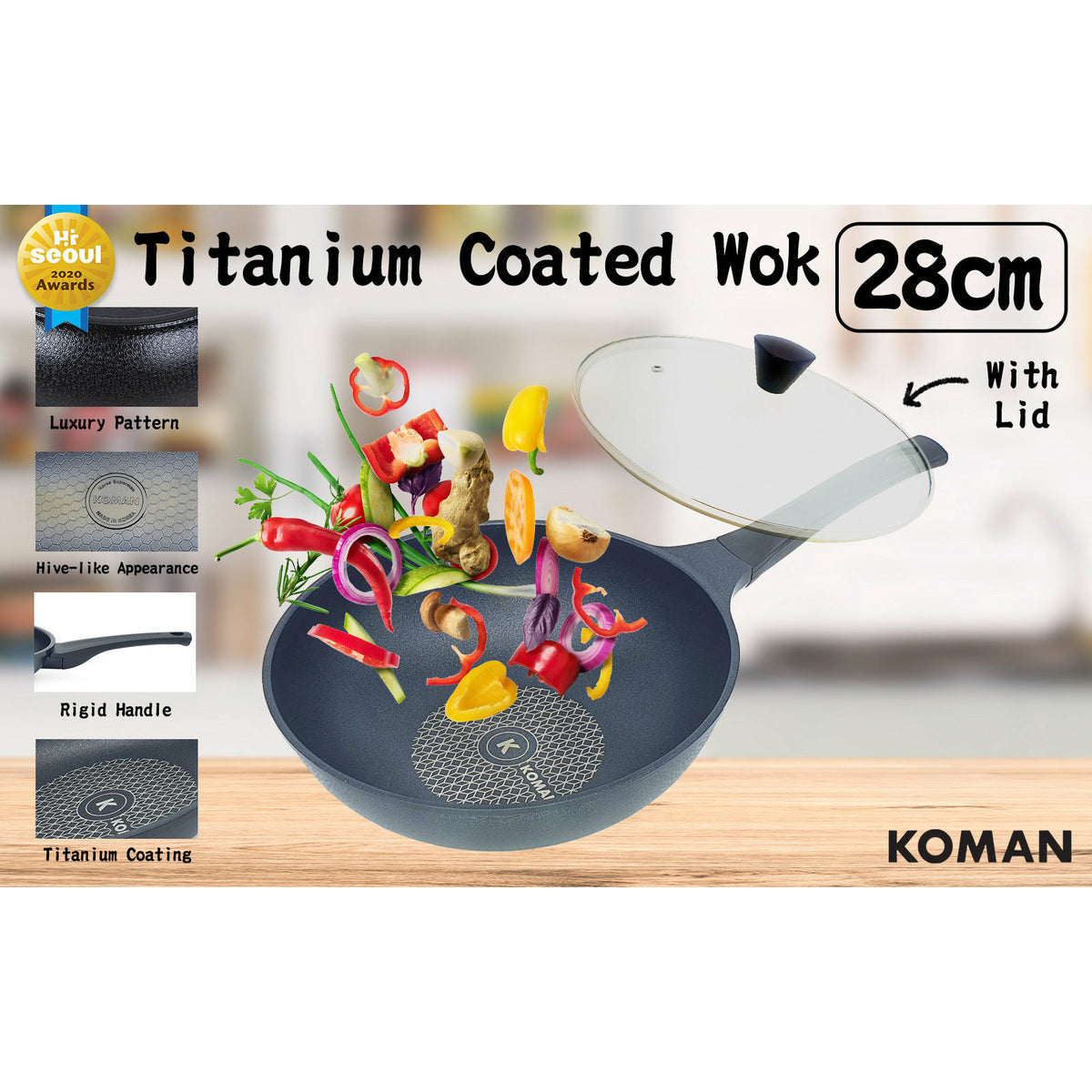 KOMAN Non-Stick Titanium Coating Wok Pan 28cm + Glass Lid