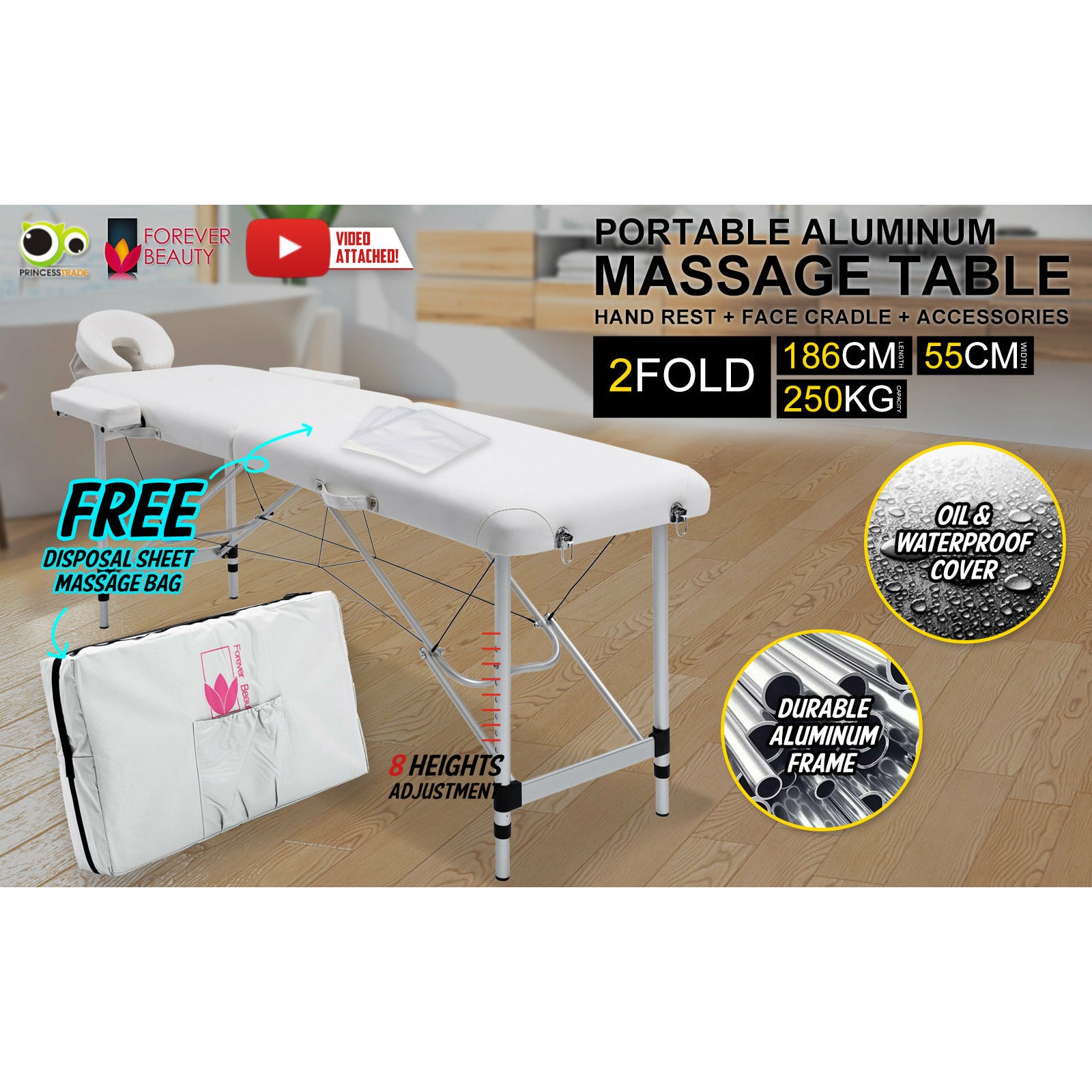 Forever Beauty White Portable Beauty Massage Table Bed Therapy Waxing 2 Fold 55cm Aluminium