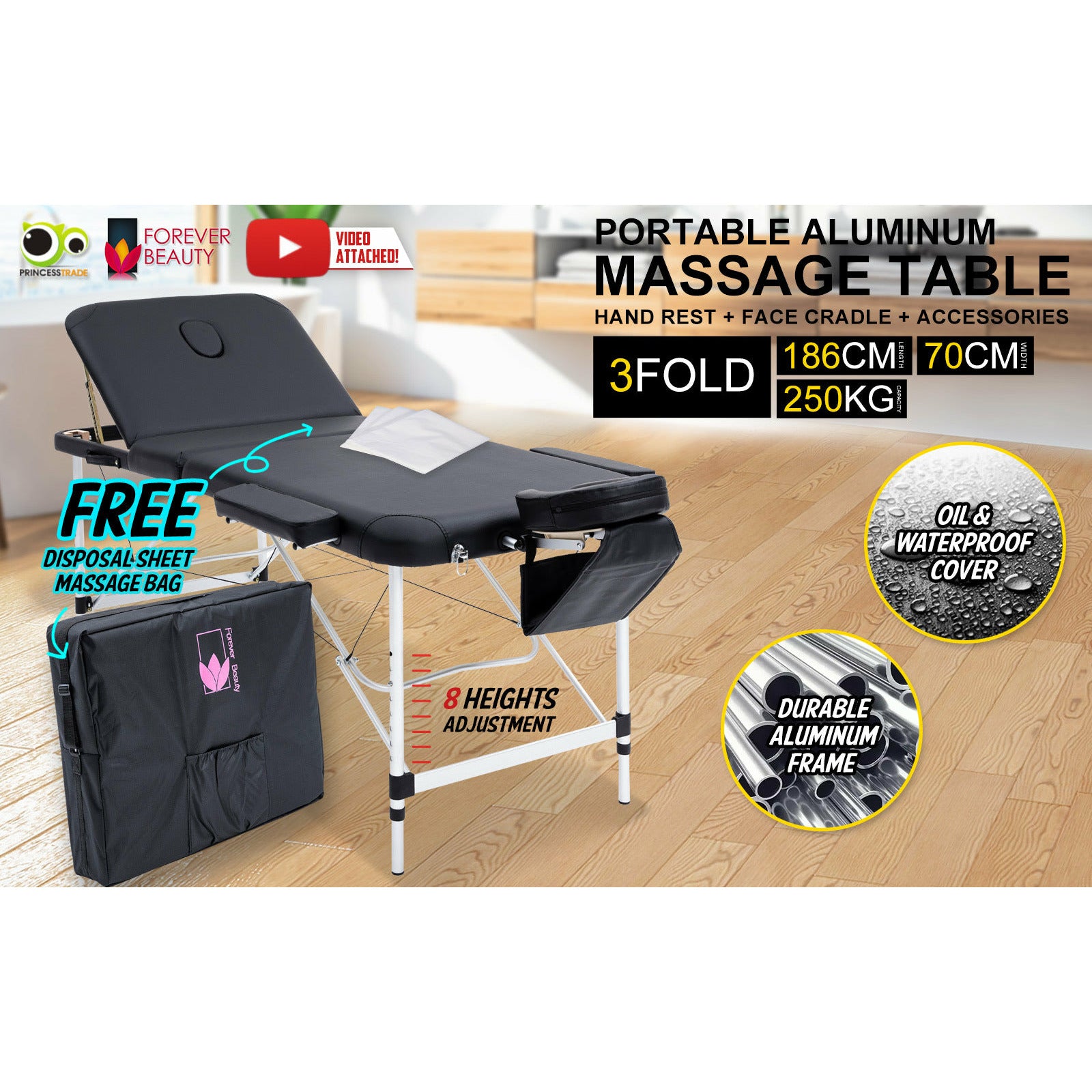 Forever Beauty Black Portable Beauty Massage Table Bed Therapy Waxing 3 Fold 70cm Aluminium