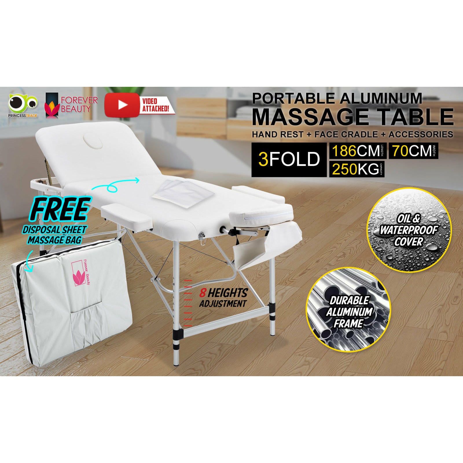 Forever Beauty White Portable Beauty Massage Table Bed Therapy Waxing 3 Fold 70cm Aluminium