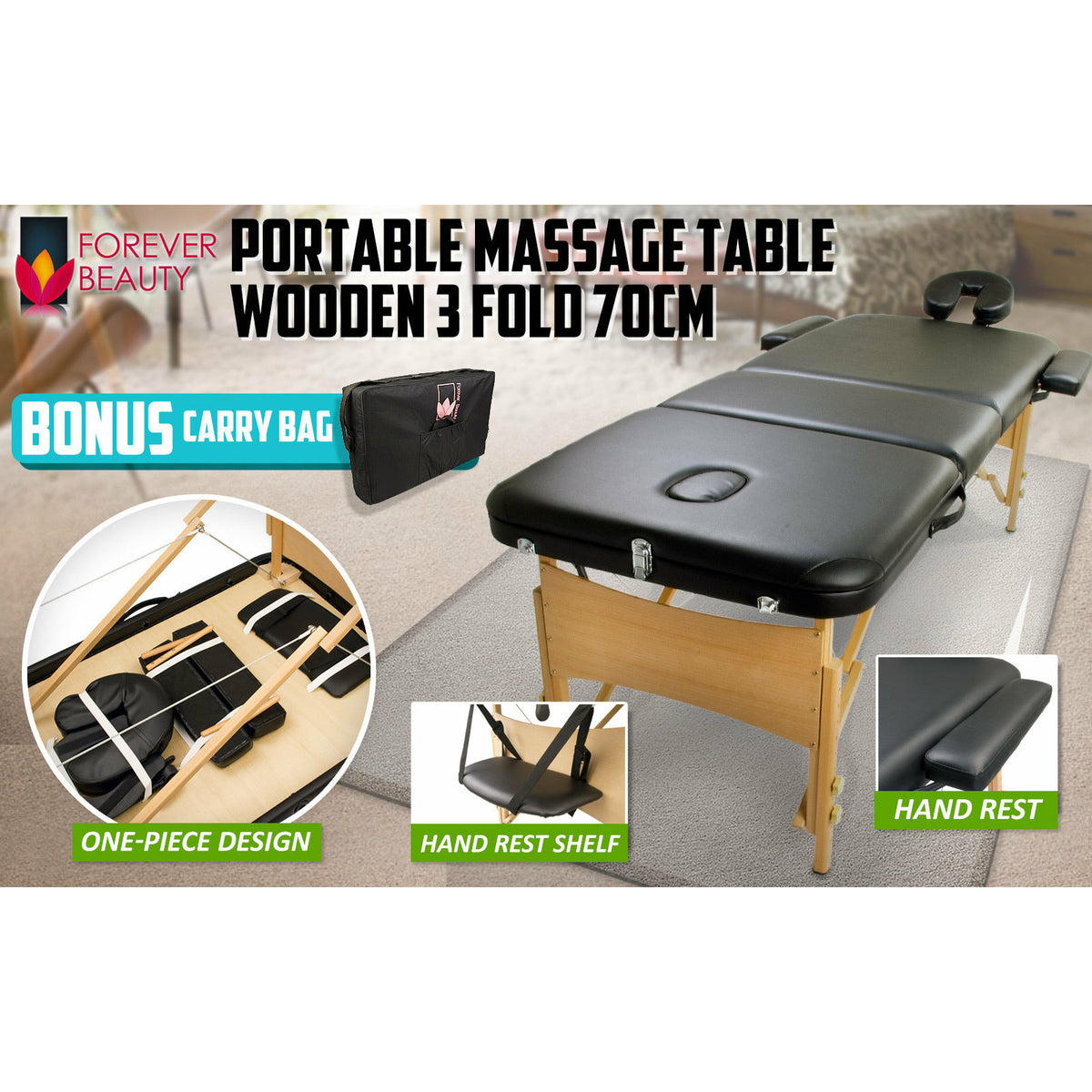 Forever Beauty Black Portable Massage Table Bed Therapy Waxing 3 Fold 70cm Wooden