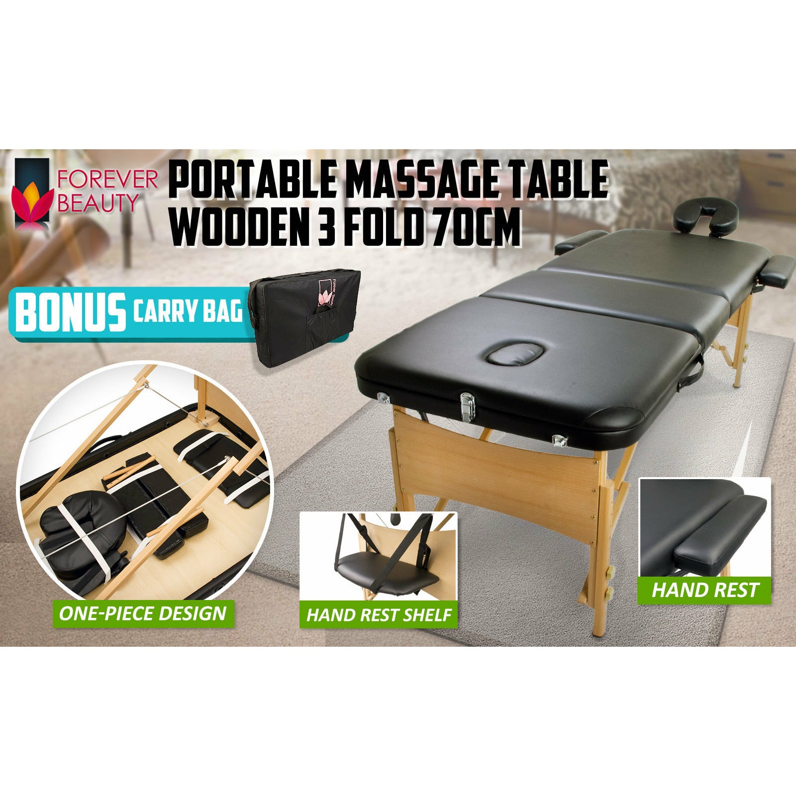 Forever Beauty Black Portable Massage Table Bed Therapy Waxing 3 Fold 70cm Wooden