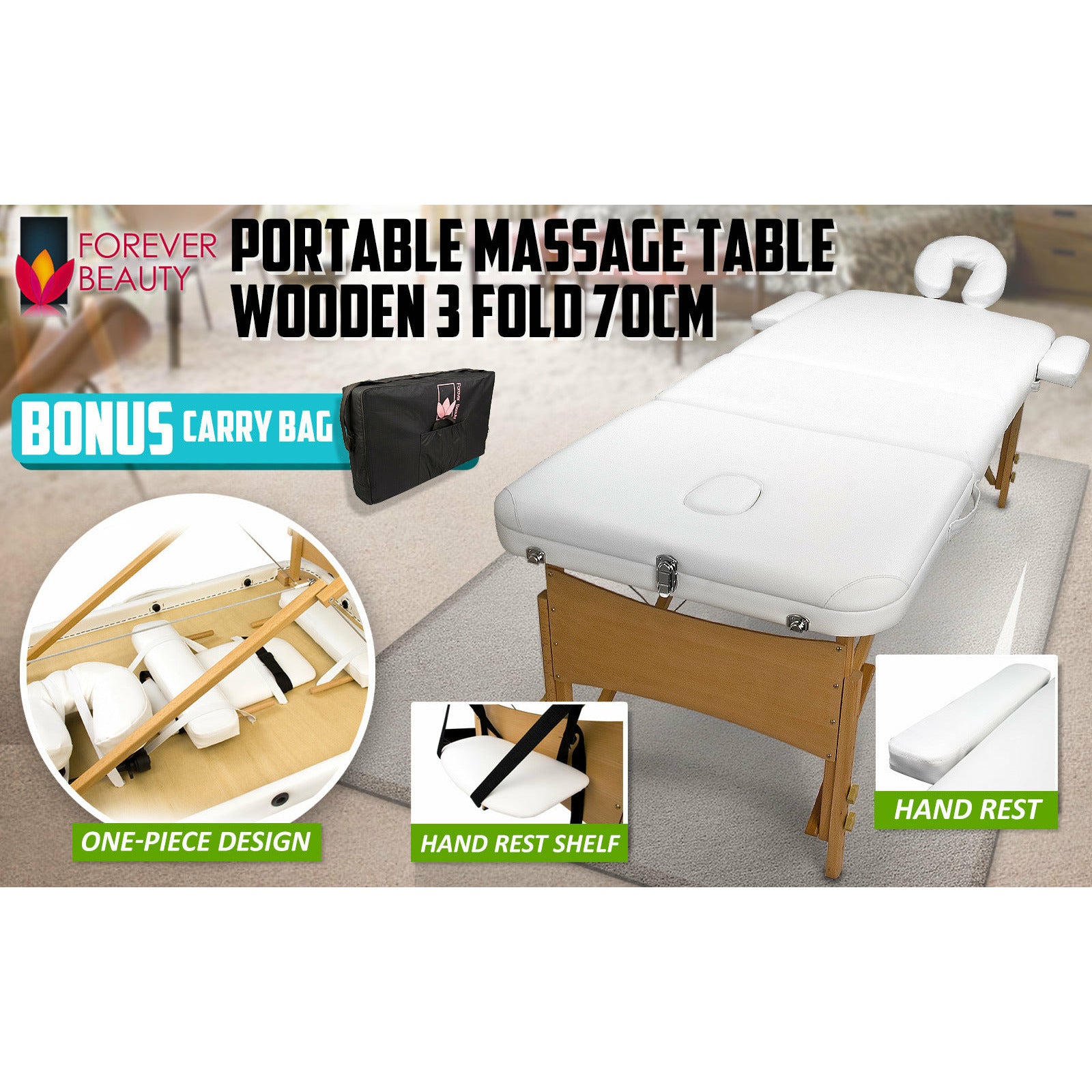 Forever Beauty White Portable Beauty Massage Table Bed 3 Fold 70cm Wooden