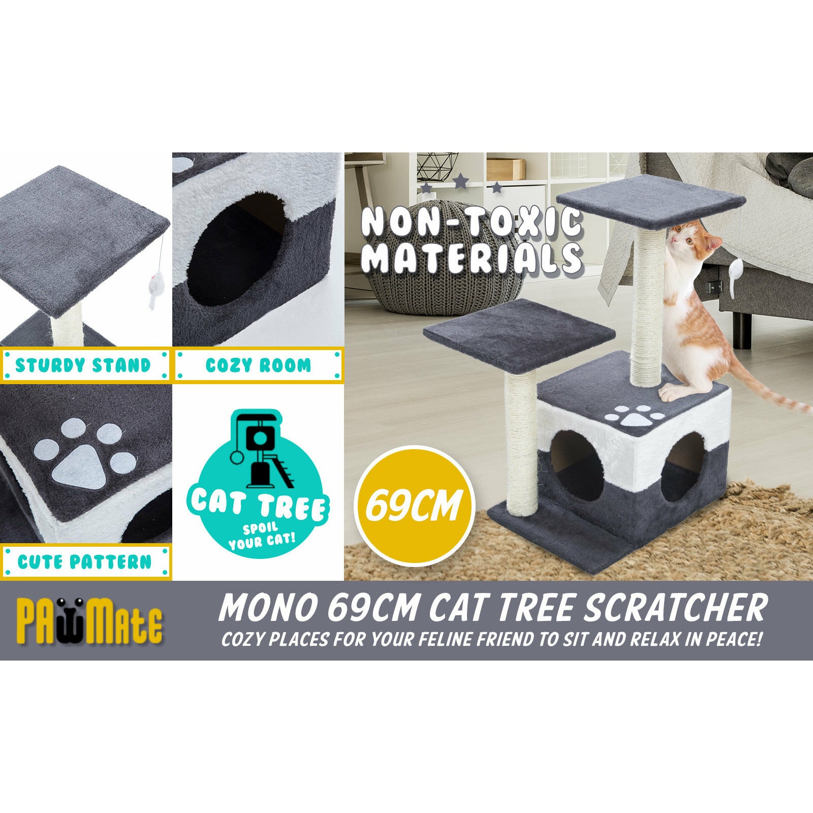Paw Mate 69cm Grey Cat Tree Mono Multi Level Scratcher