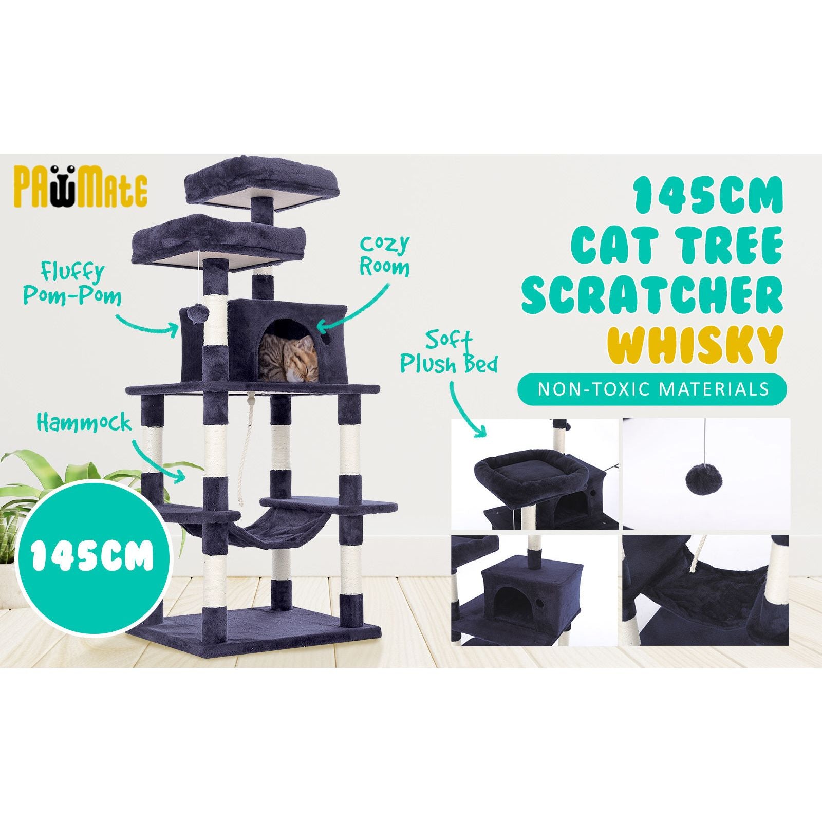 Paw Mate 145cm Grey Cat Tree WHISKY Sisal Scratching Post Scratcher Pole Condo House Tower