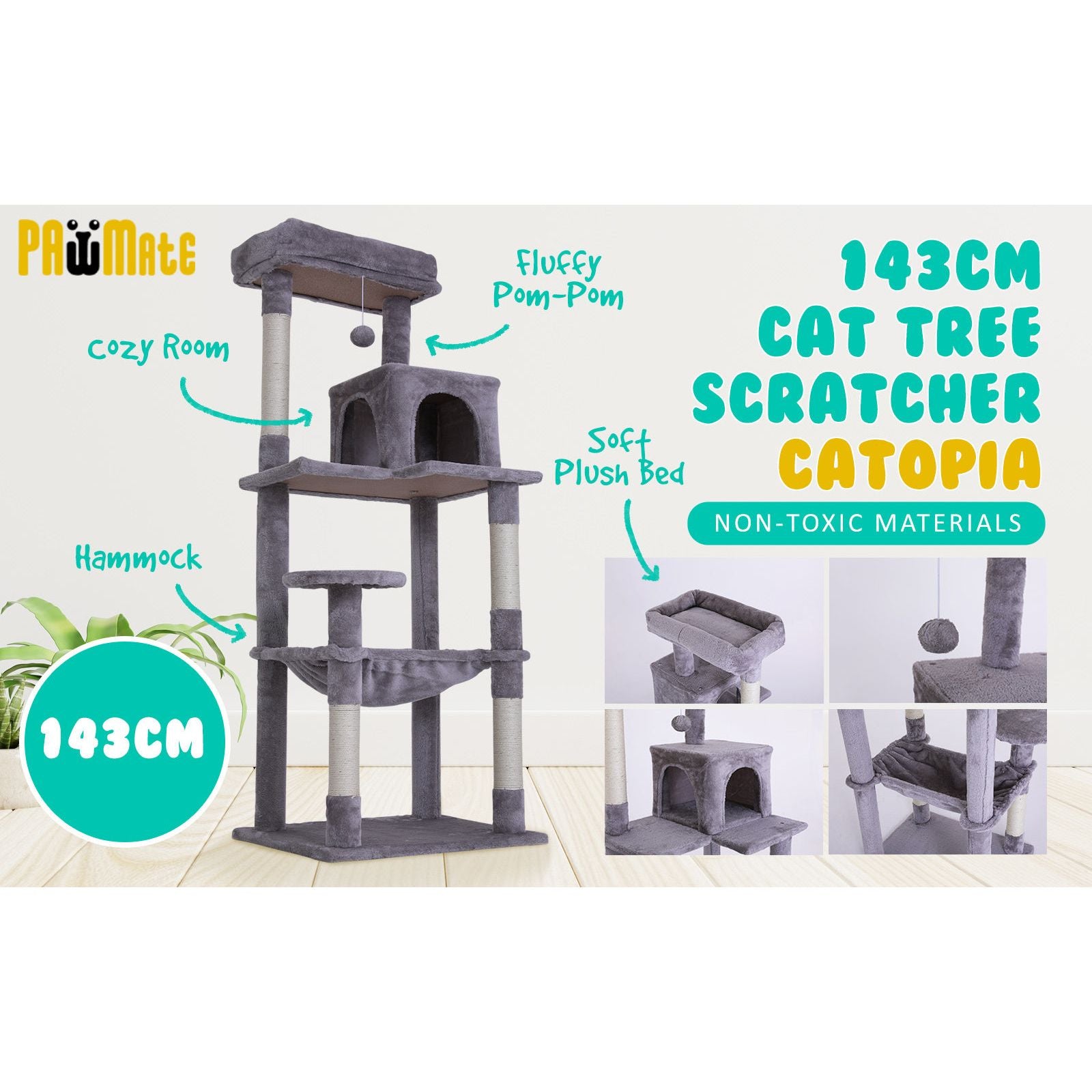Paw Mate 143cm Grey Cat Tree CATOPIA Sisal Scratching Post Scratcher Pole Condo House Tower