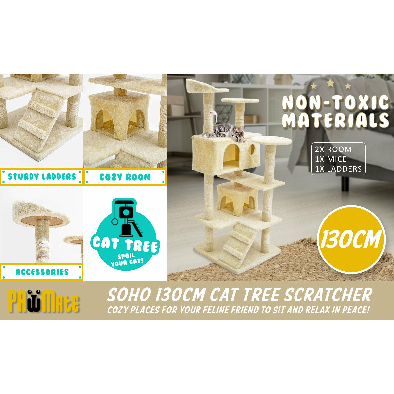 Paw Mate 130cm Beige Cat Tree Soho Multi Level Scratcher