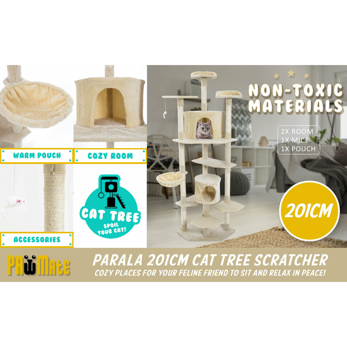 Paw Mate 201cm Beige Cat Tree Parala Multi Level Scratcher