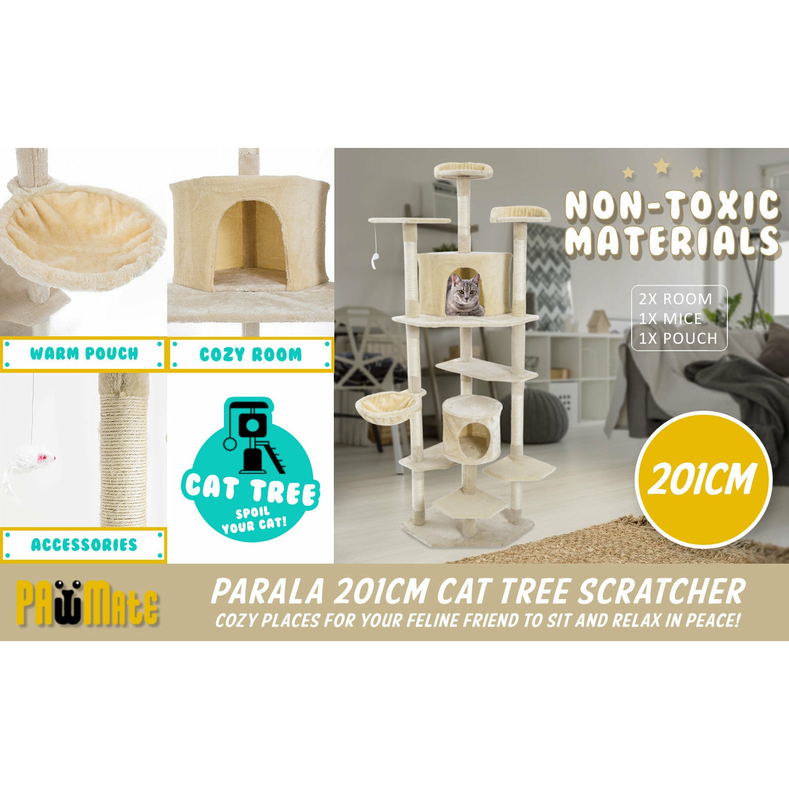 Paw Mate 201cm Beige Cat Tree Parala Multi Level Scratcher