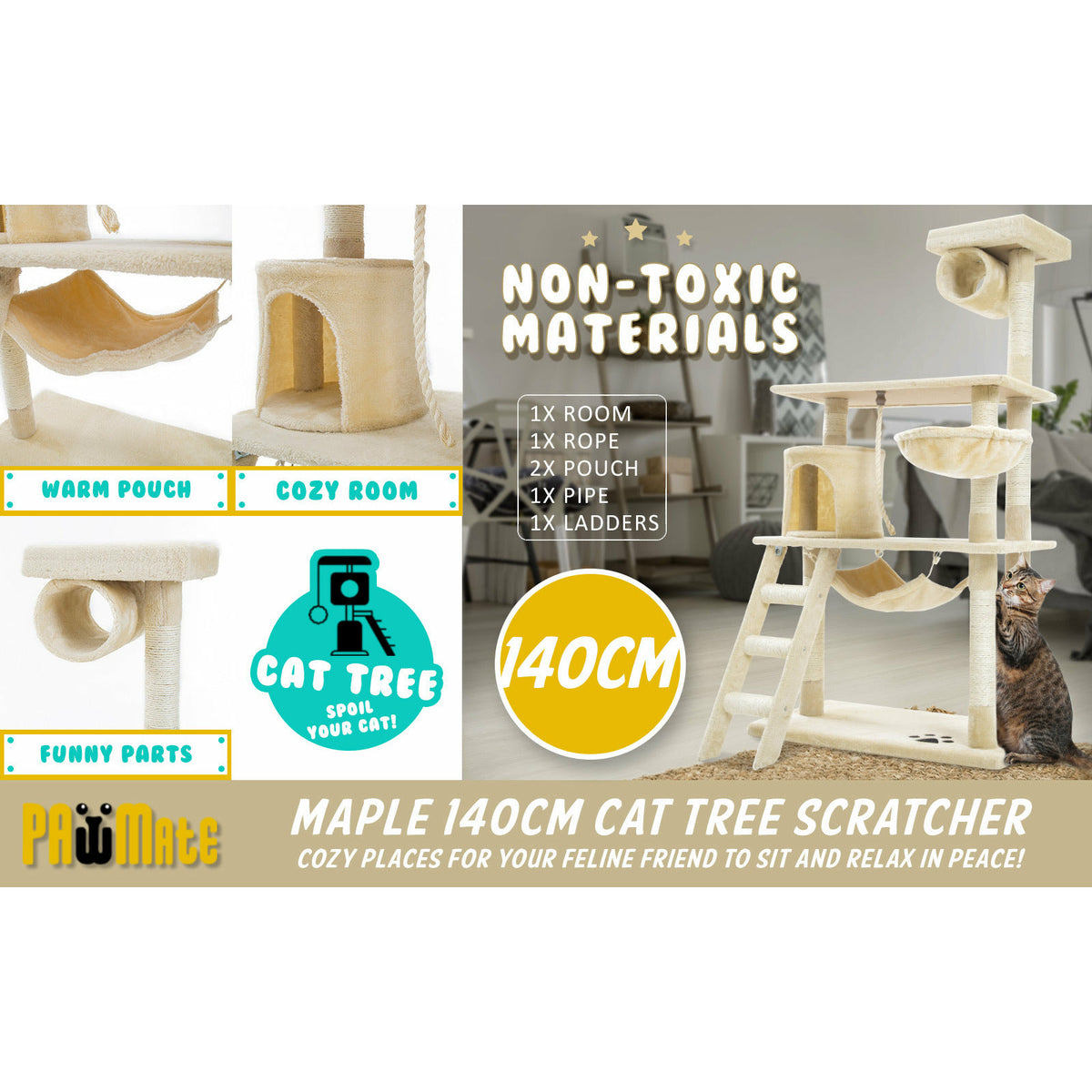 Paw Mate 140cm Beige Cat Tree Maple Multi Level Scratcher