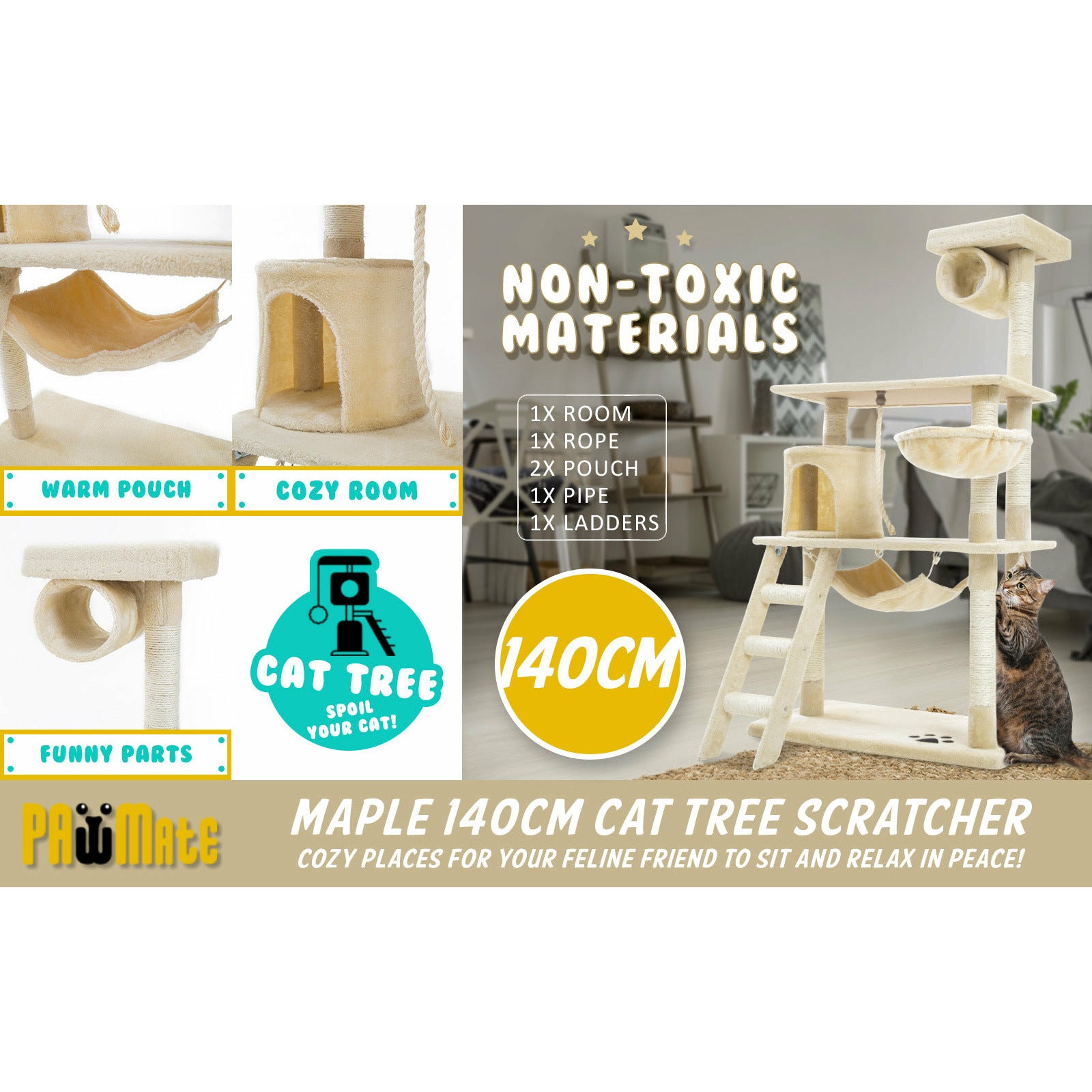 Paw Mate 140cm Beige Cat Tree Maple Multi Level Scratcher