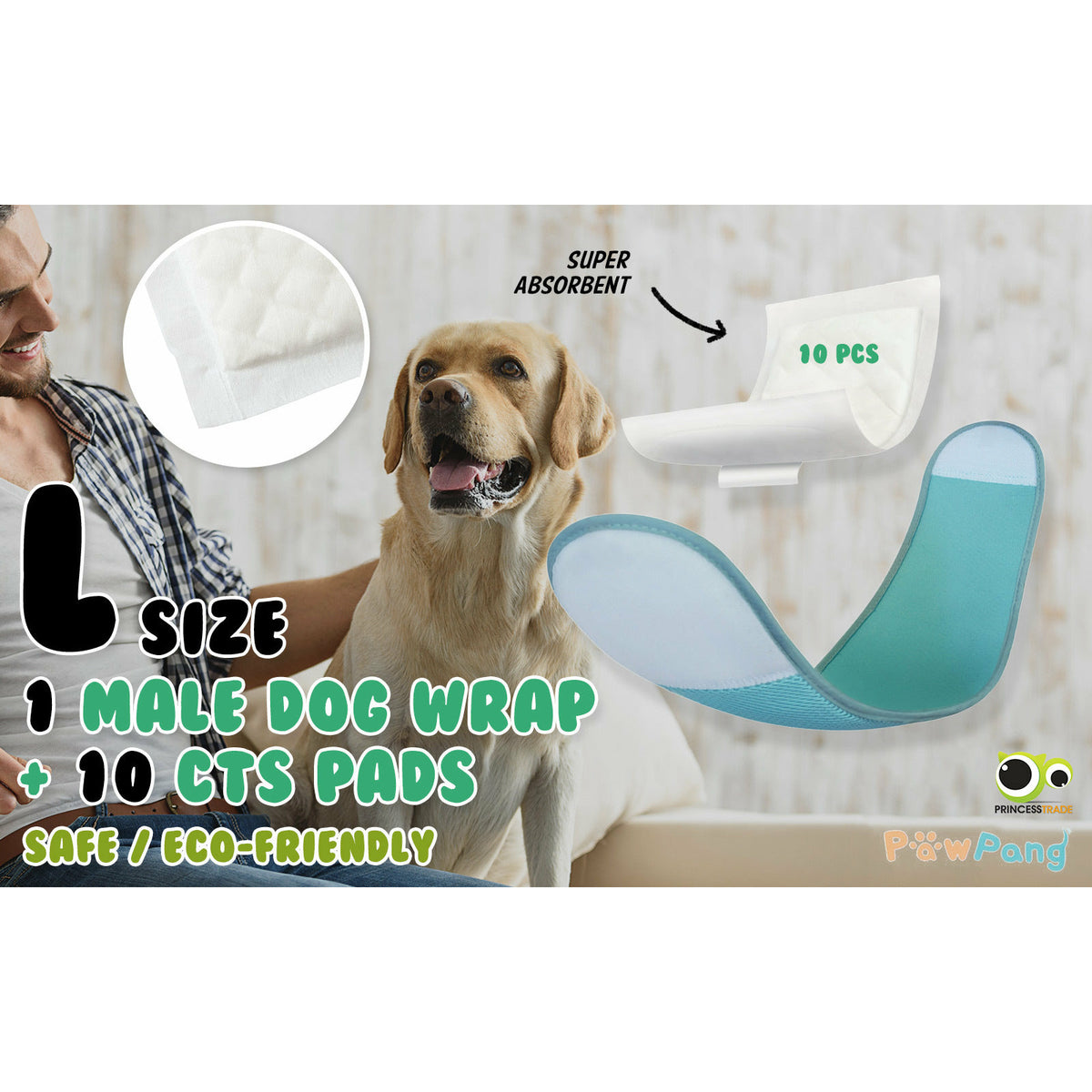 PawPang L Dog Wrap Reusable Male + 10 Ct M Diaper Booster Pads Disposable