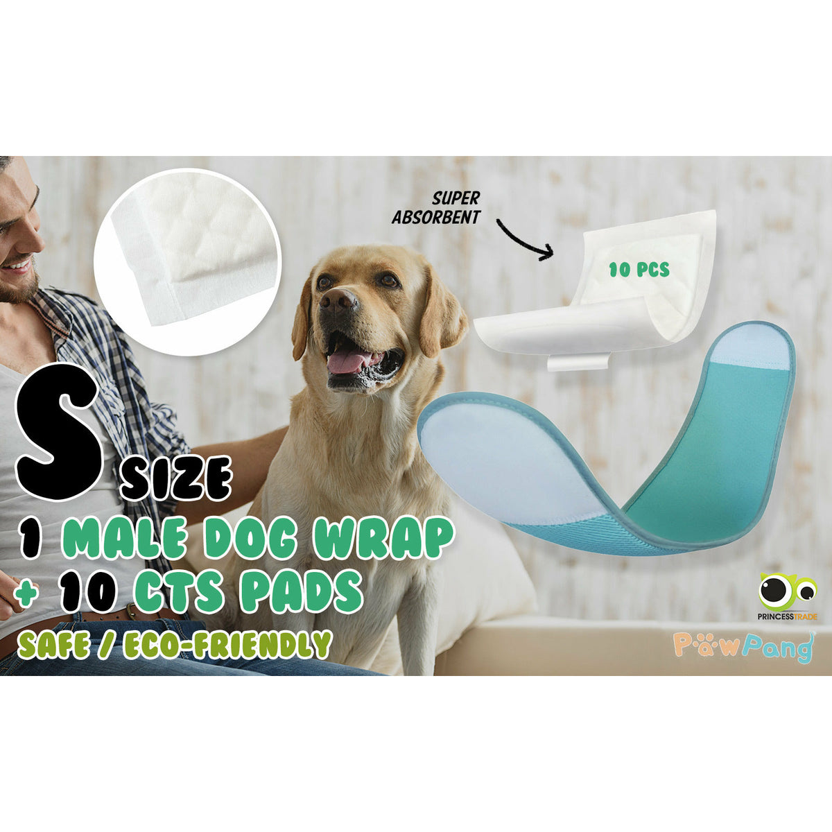 PawPang S Dog Wrap Reusable Male + 10 Ct S Diaper Booster Pads Disposable