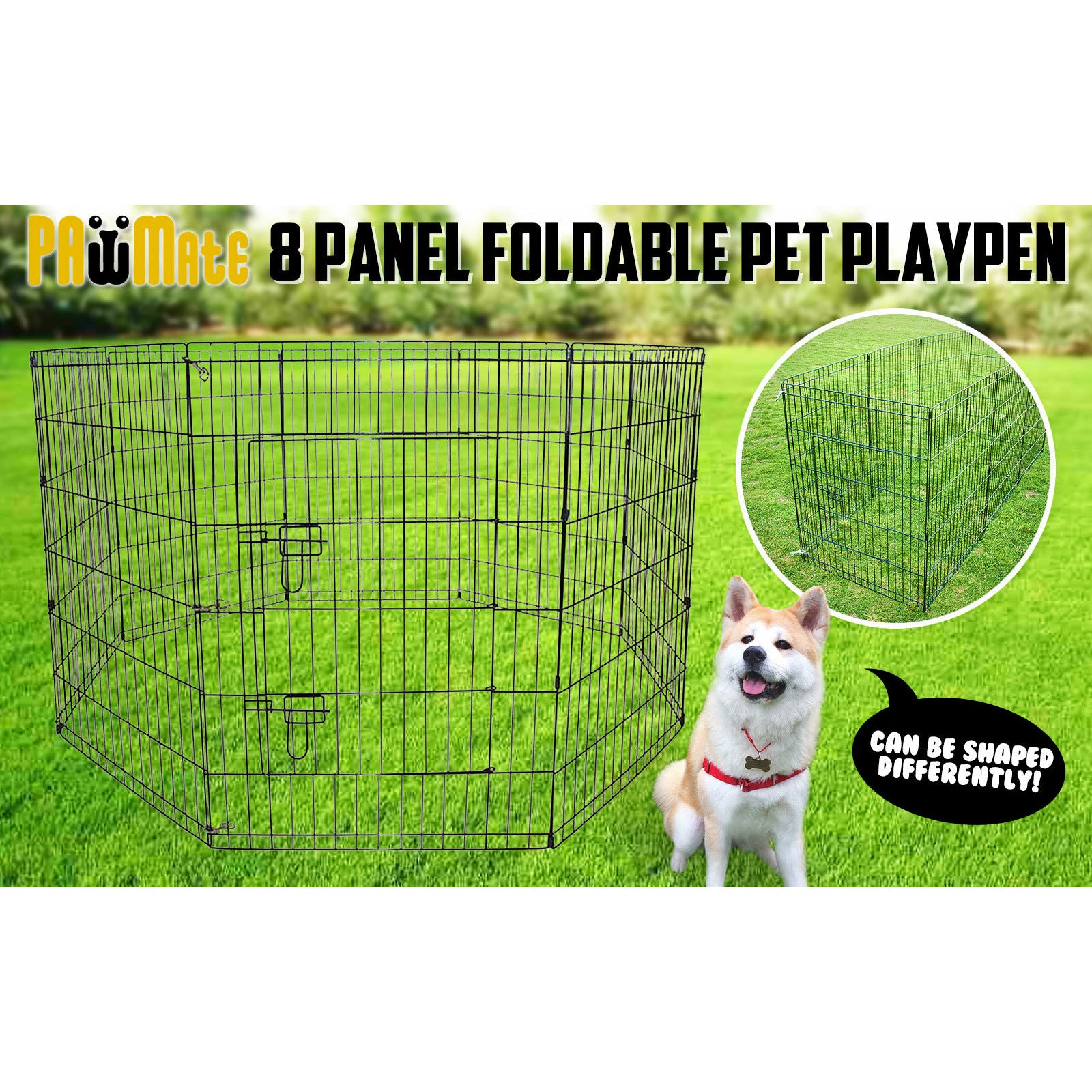 Paw Mate Pet Playpen 8 Panel 30in Foldable Dog Cage + Cover