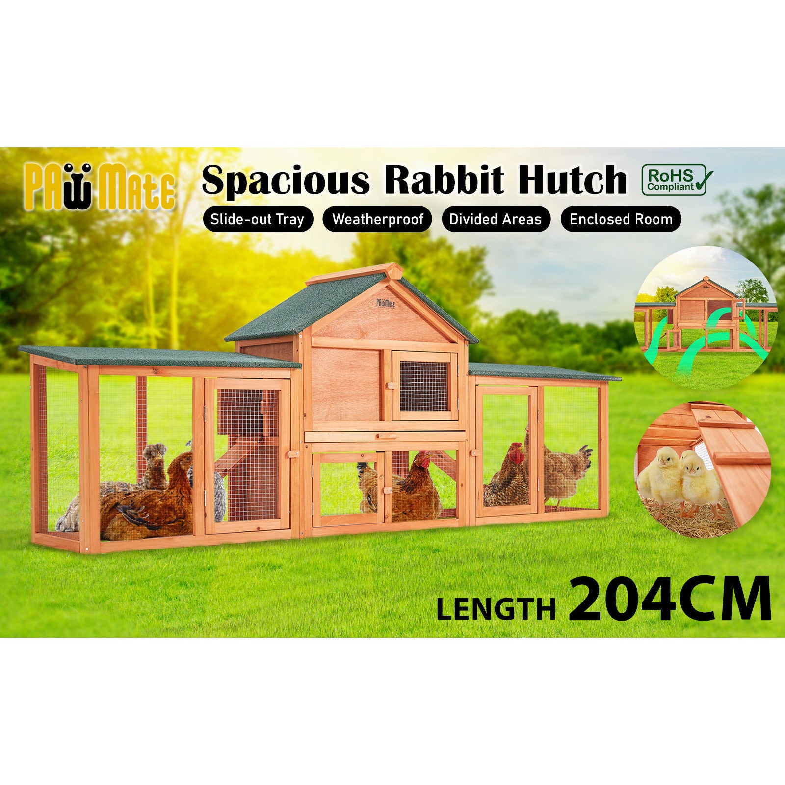 Paw Mate 204 x 45 x 85cm Rabbit Hutch Chicken Coop 2 Storey Large Cage Run