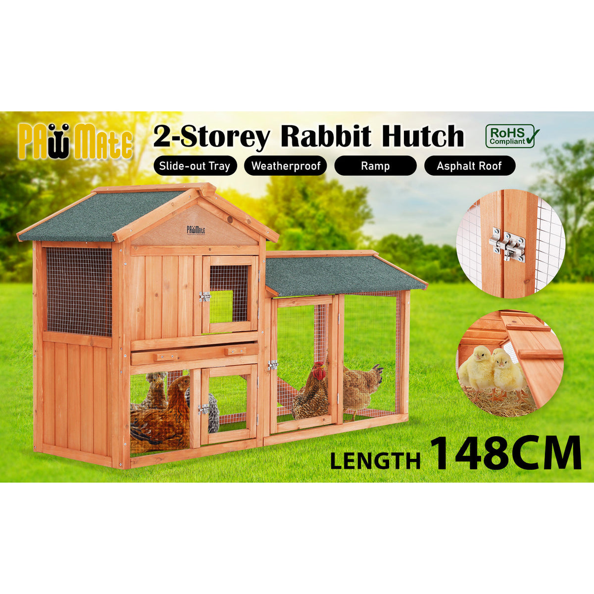 Paw Mate 148 x 44 x 84.5cm Rabbit Hutch Chicken Coop 2 Storey Pet Cage Run
