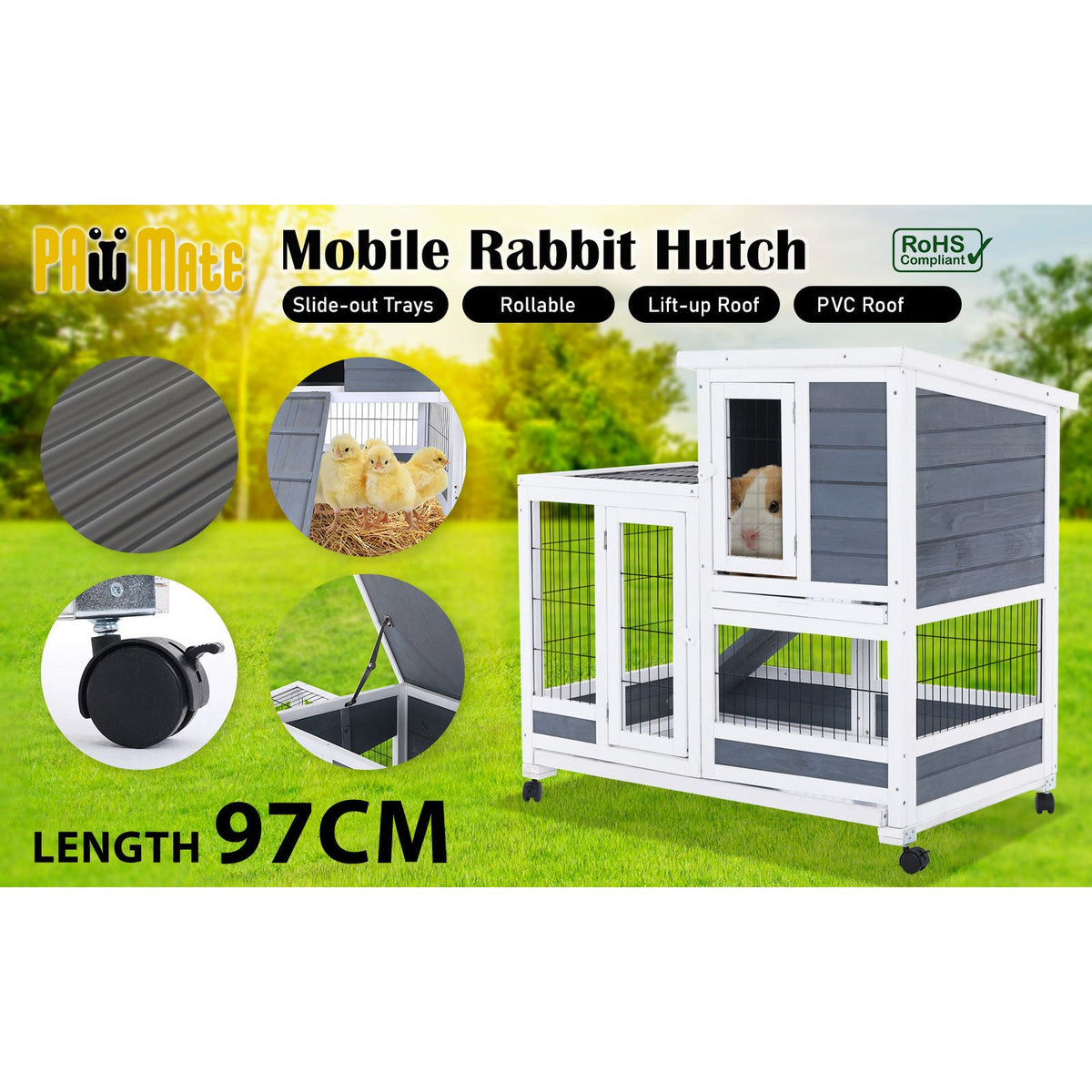 Paw Mate 96.5 x 56 x 90.5cm Rabbit Hutch Chicken Coop 2 Storey Pet Cage Run Wheels