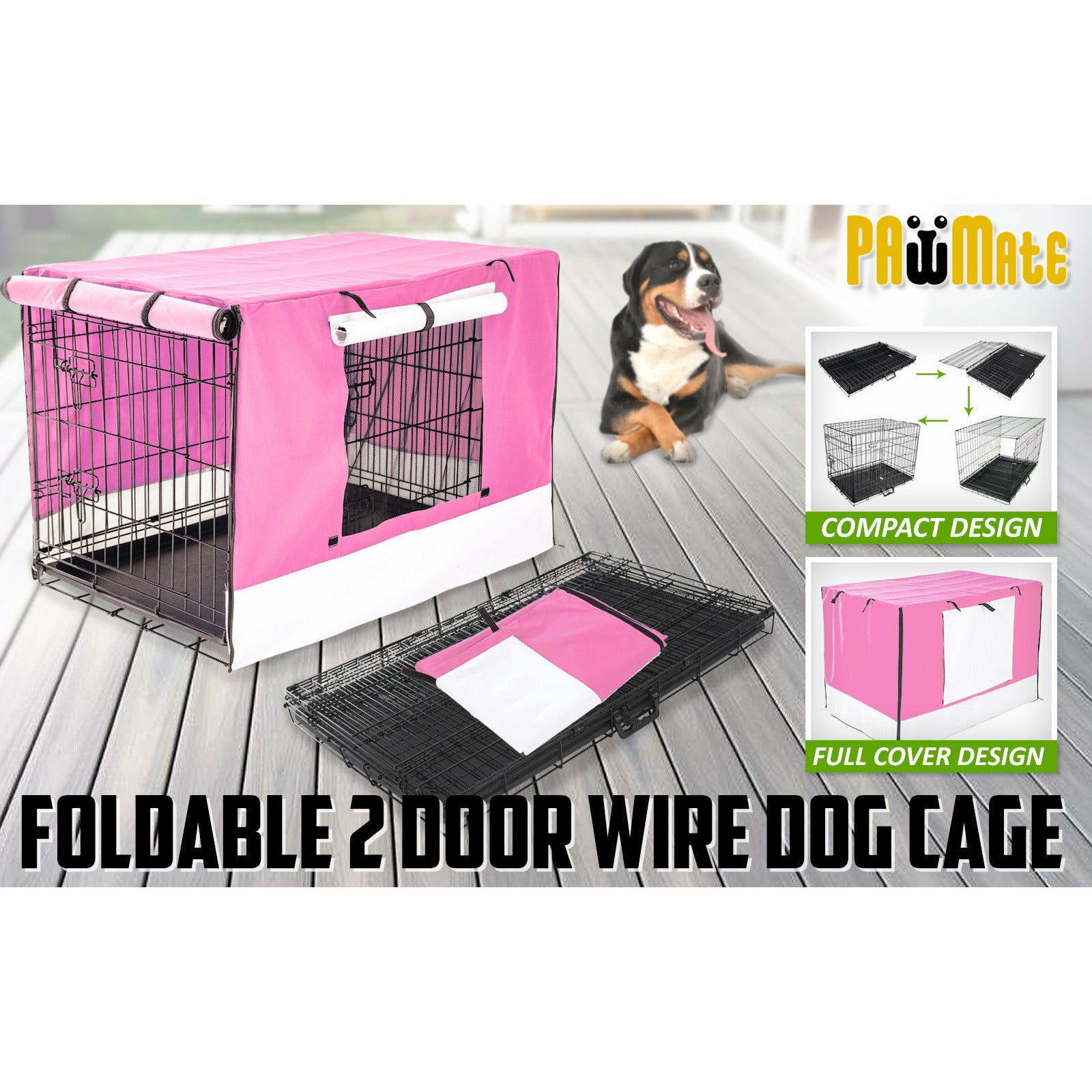 Paw Mate Wire Dog Cage Foldable Crate Kennel 24in with Tray + Pink Cover Combo