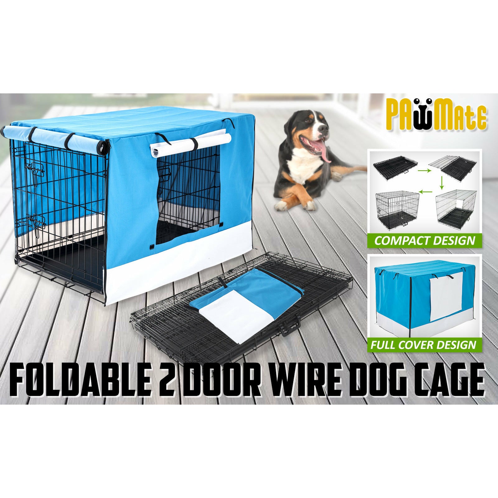 Paw Mate Wire Dog Cage Foldable Crate Kennel 42in with Tray + Blue Cover Combo