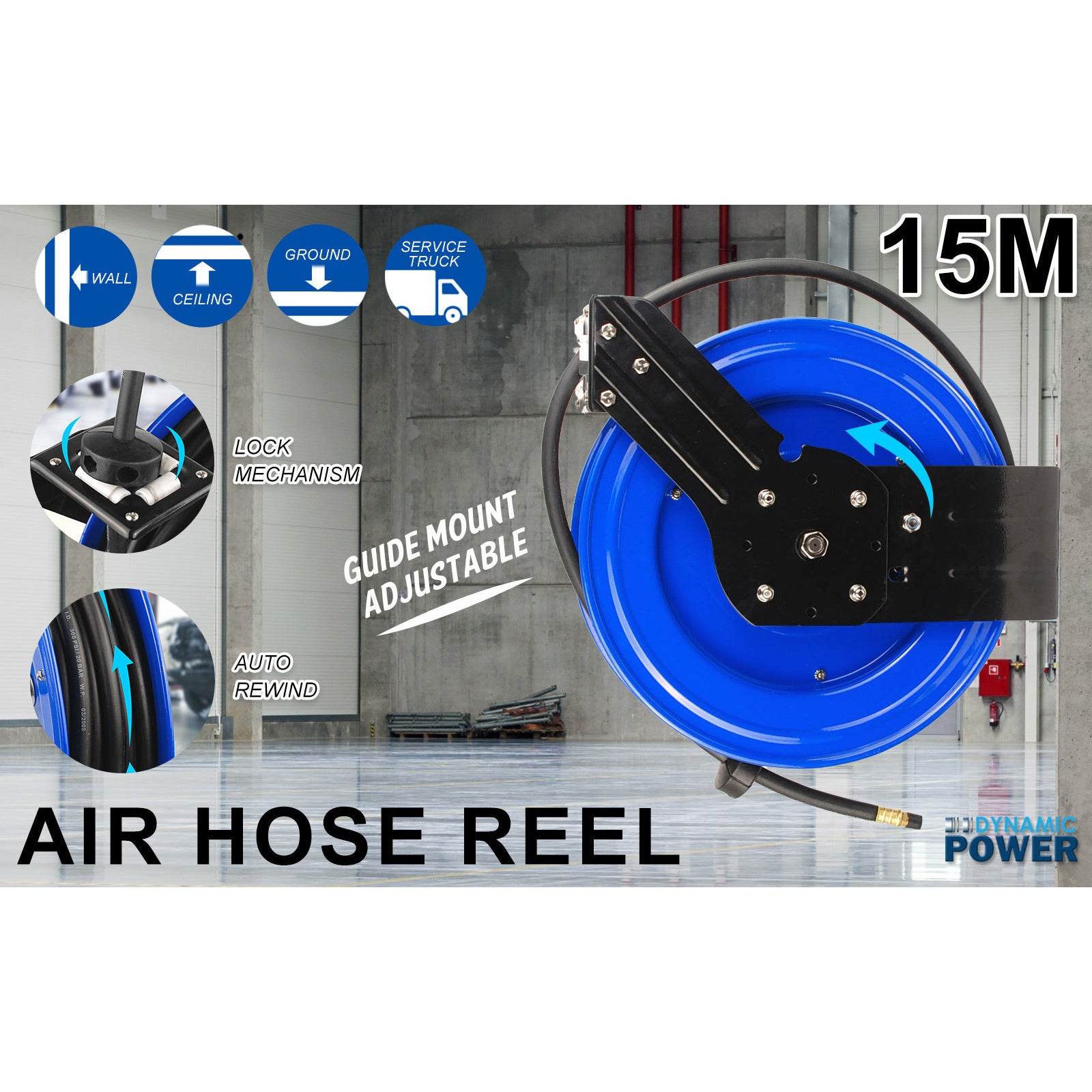 Dynamic Power Air Hose Reel Automotive Industrial 15m Retractable Rewind