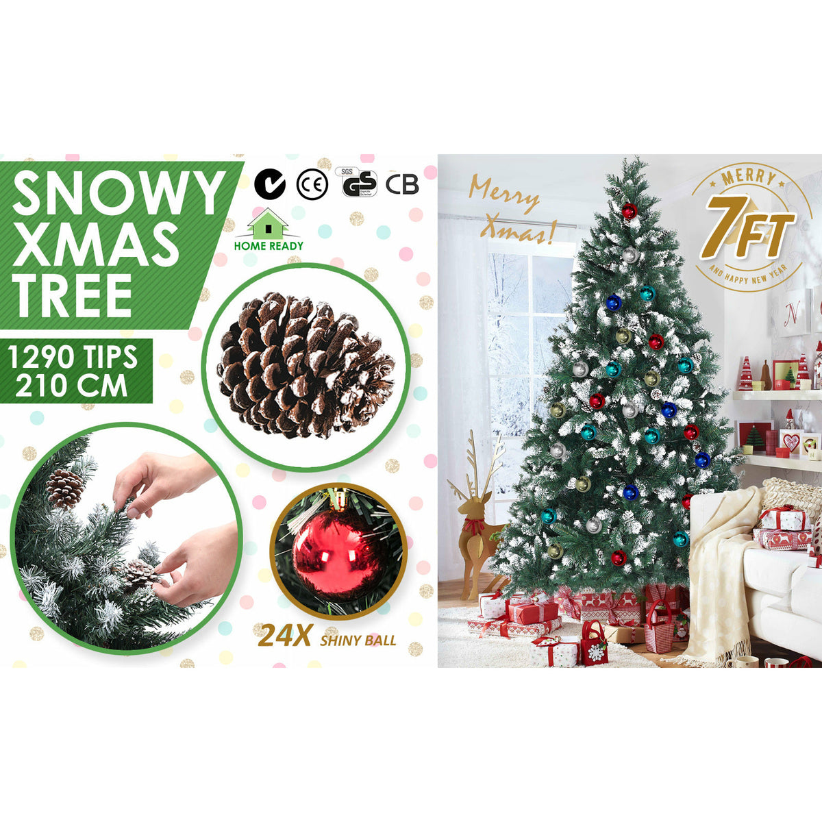 Home Ready 7Ft 210cm 1290 tips Green Snowy Christmas Tree Xmas Pine Cones  + Bauble Balls