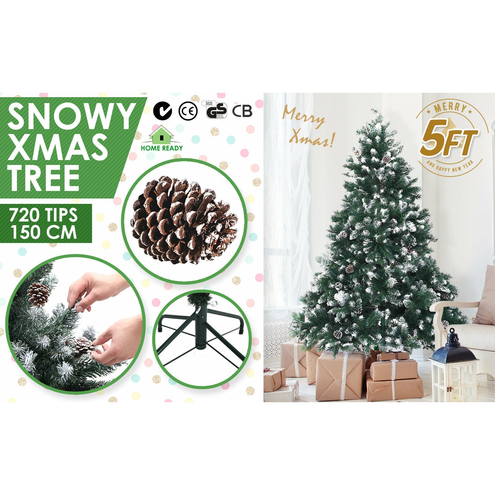 Home Ready 5Ft 150cm 720 tips Green Snowy Christmas Tree Xmas Pine Cones